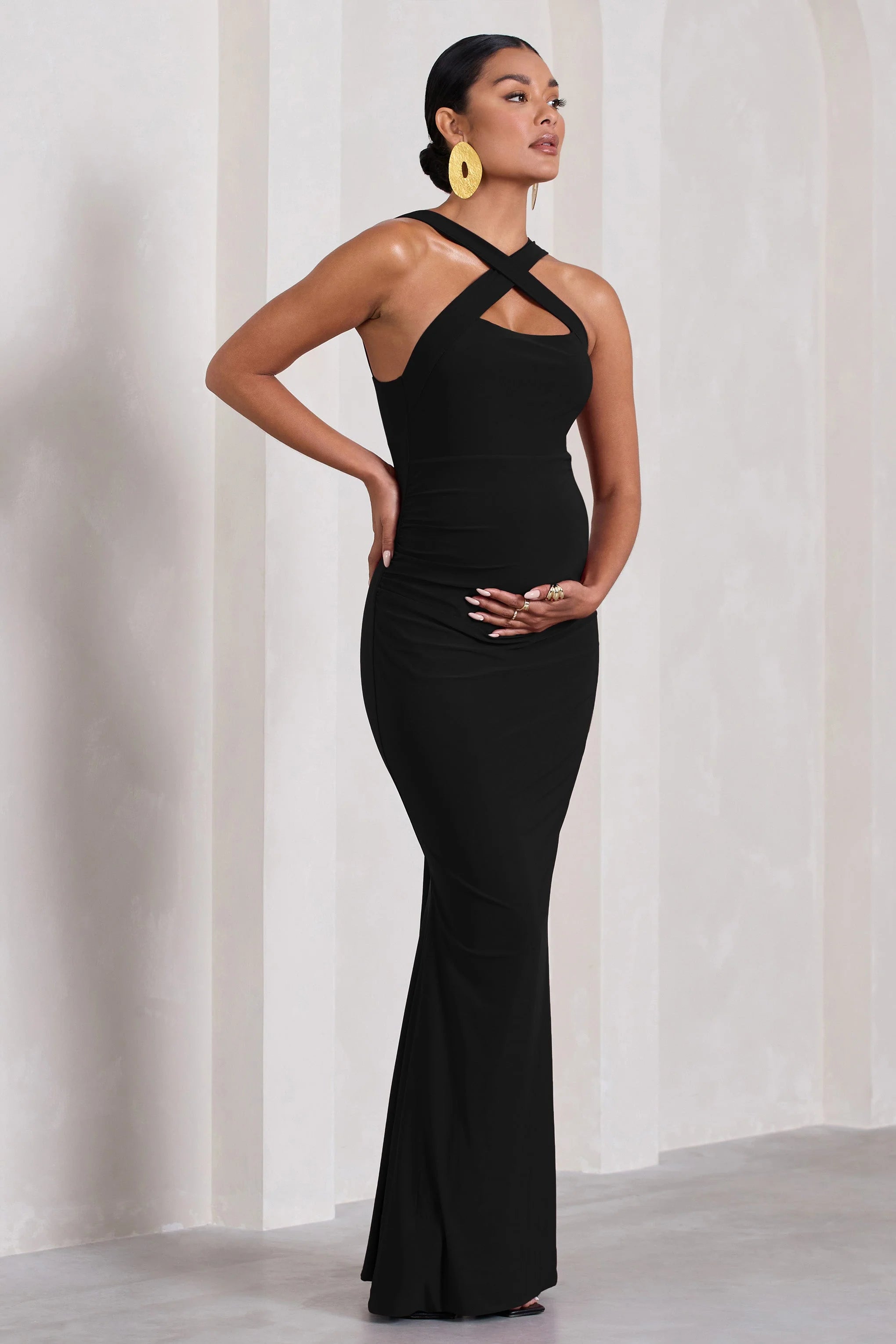 Cross My Heart | Black Sleeveless Cross-Neck Maternity Maxi Dress