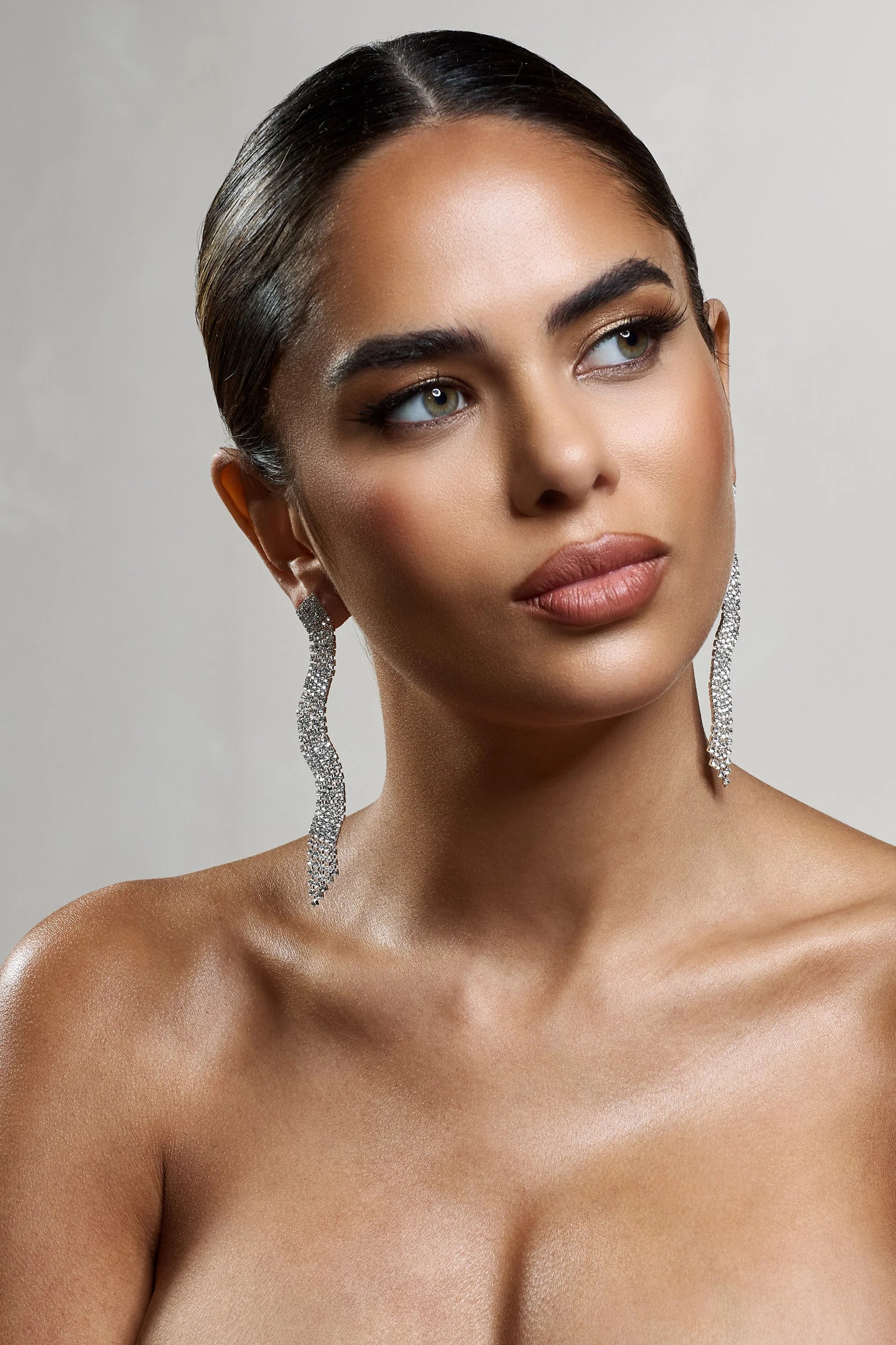 Swirl | Silver Diamante Curve Tassel Earrings