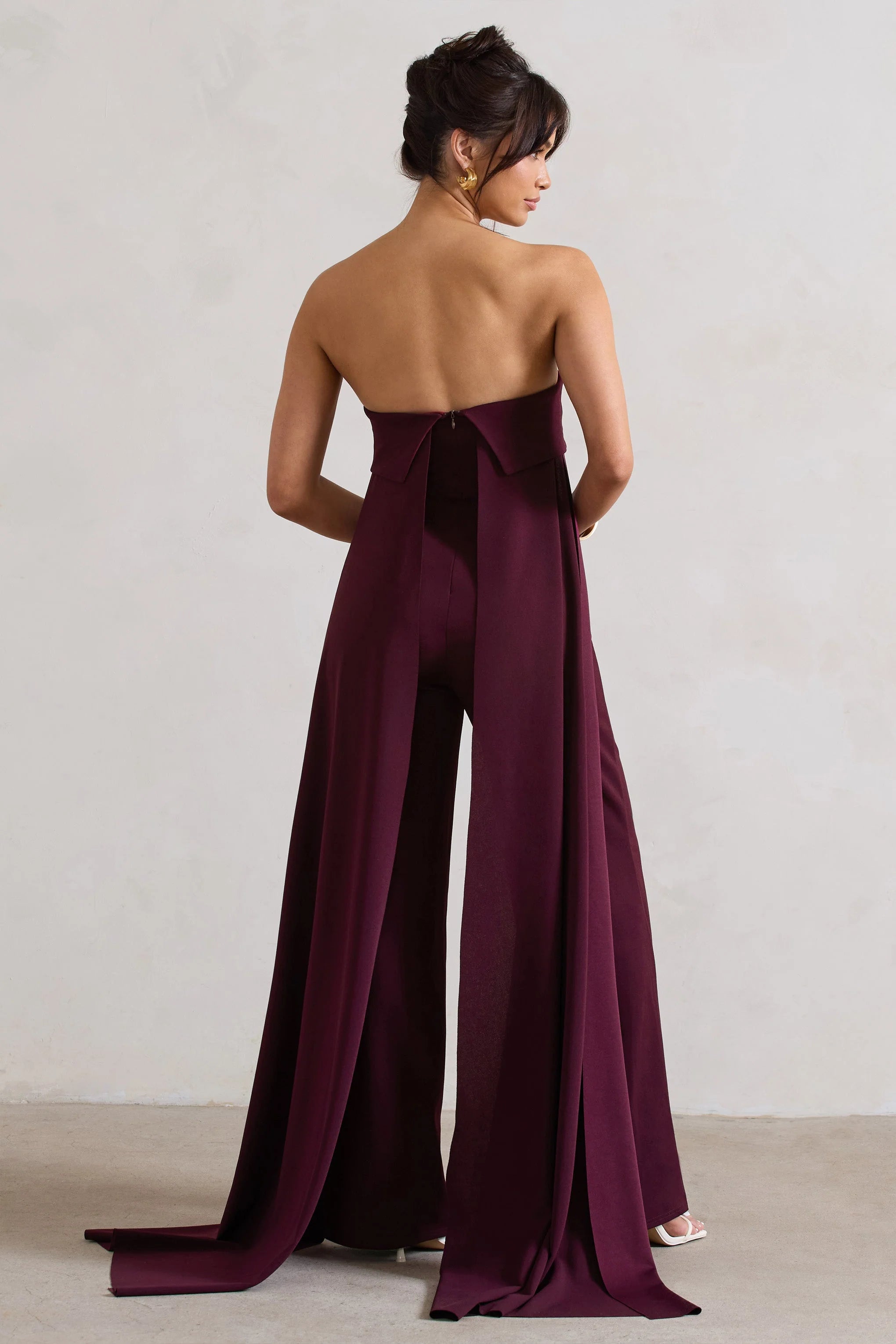 Amaya | Dark Plum Bandeau Wide-Leg Jumpsuit With Cape