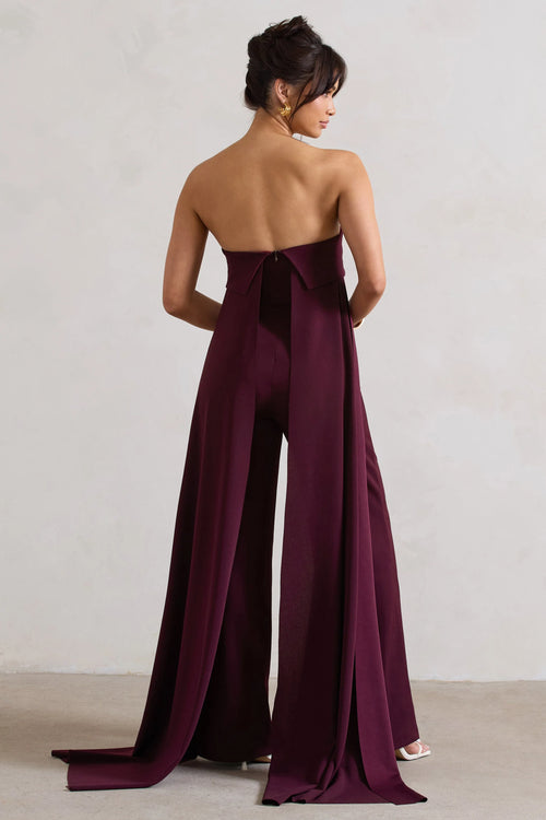 Amaya | Dark Plum Bandeau Wide-Leg Jumpsuit With Cape