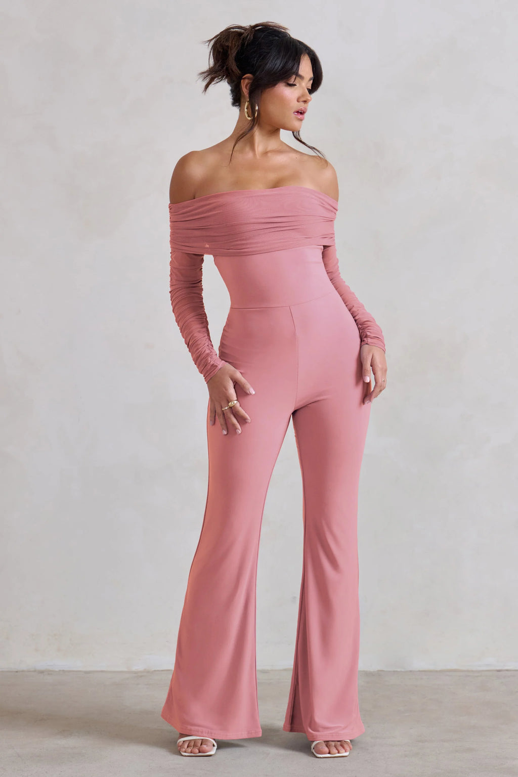 Whisper | Powder Pink Ruched Mesh Bardot Jumpsuit