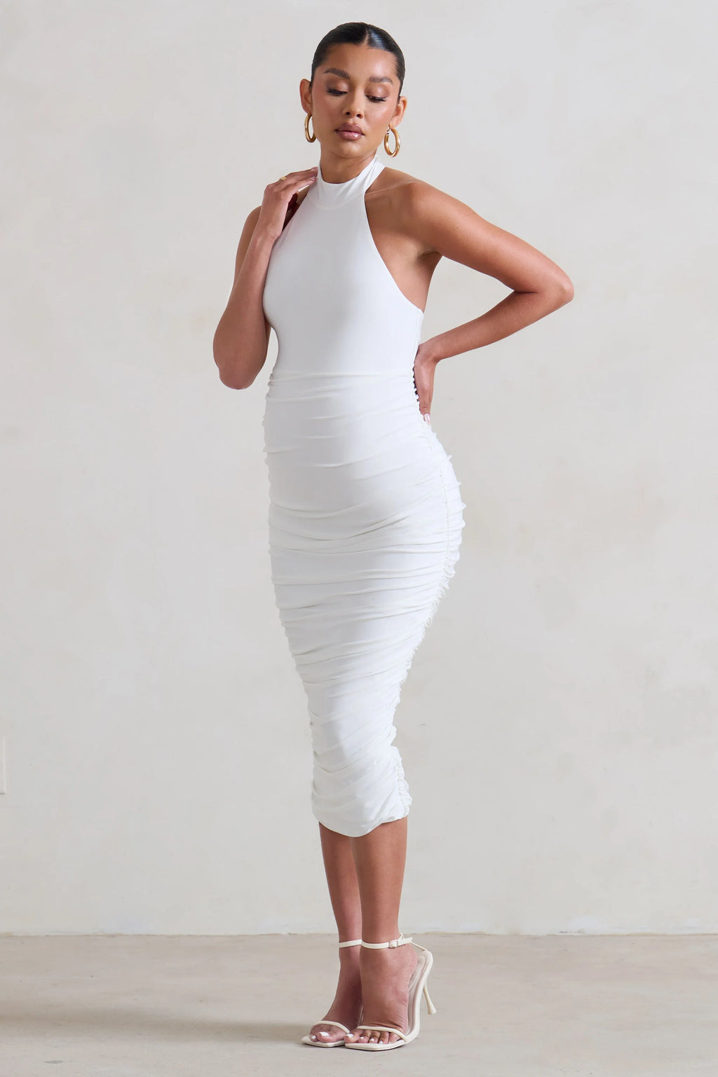 Chrissy | White Maternity Halterneck Ruched Midi Dress