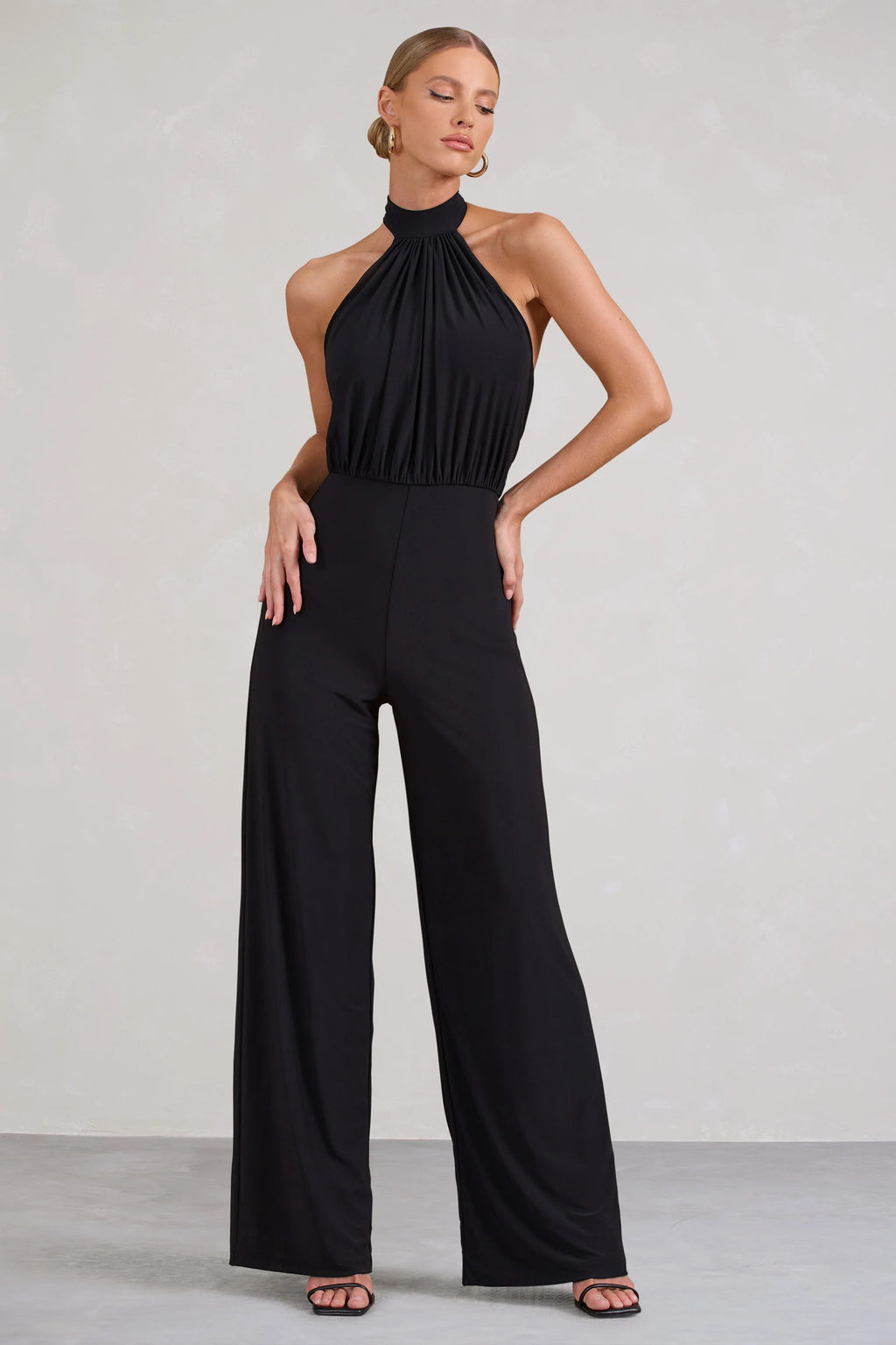 Maddie | Black Backless Halter Neck Ruched Jumpsuit