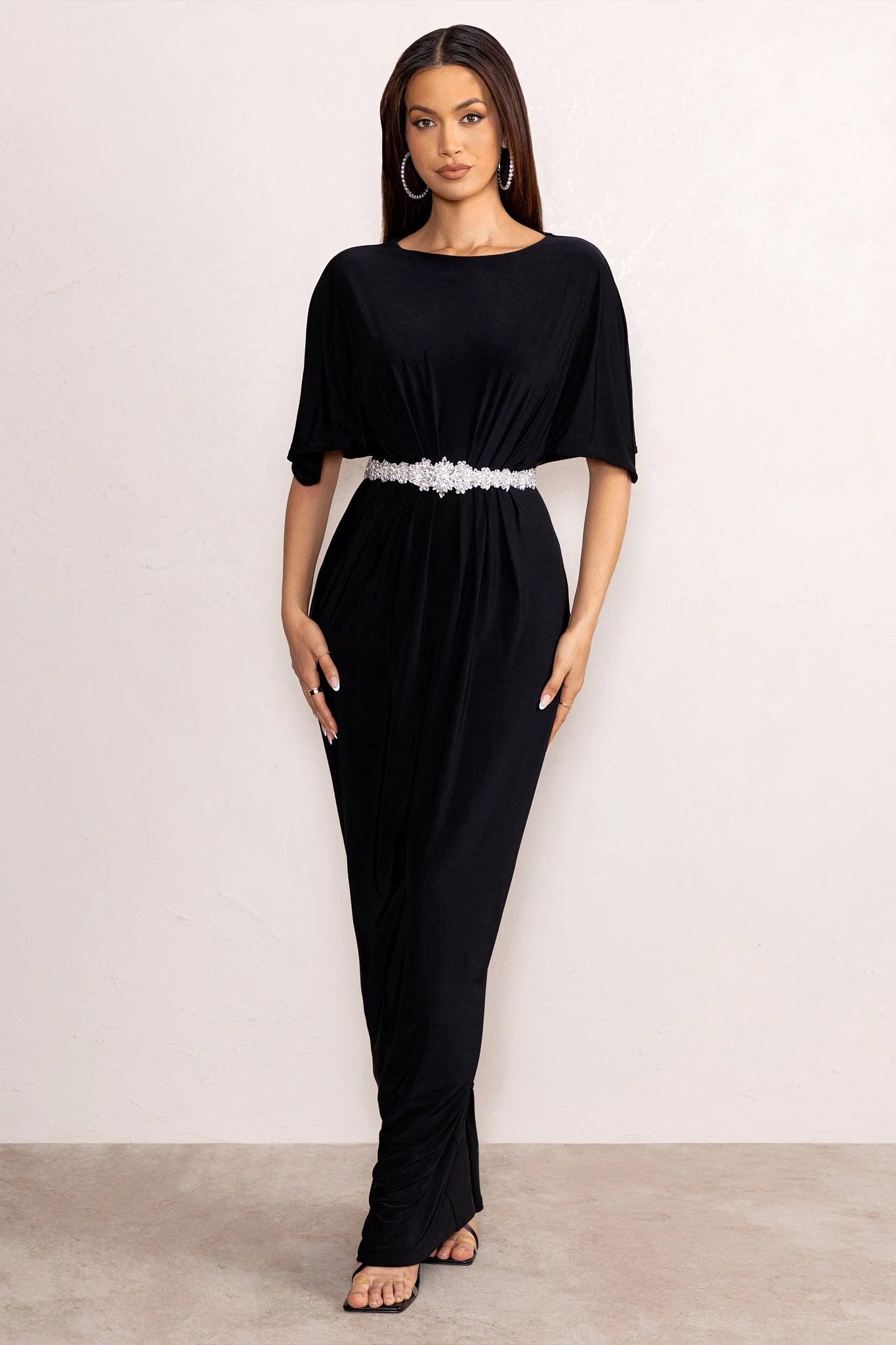 Polly | Black High Neck Maxi Dress with Waist Detailing and Cape Sleeves