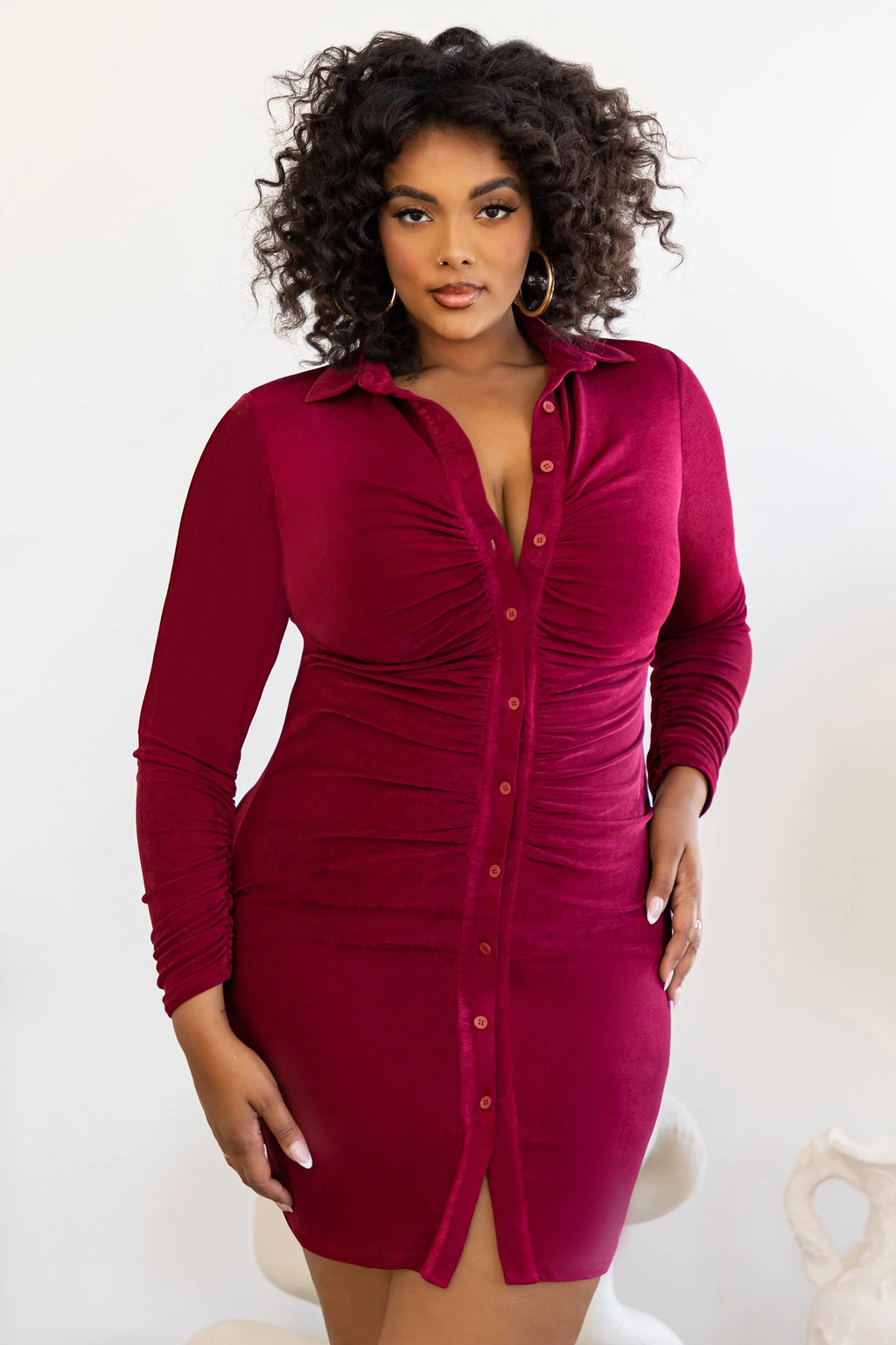 One To Remember | Plus Berry Bodycon Ruched Long Sleeve Shirt Mini Dress