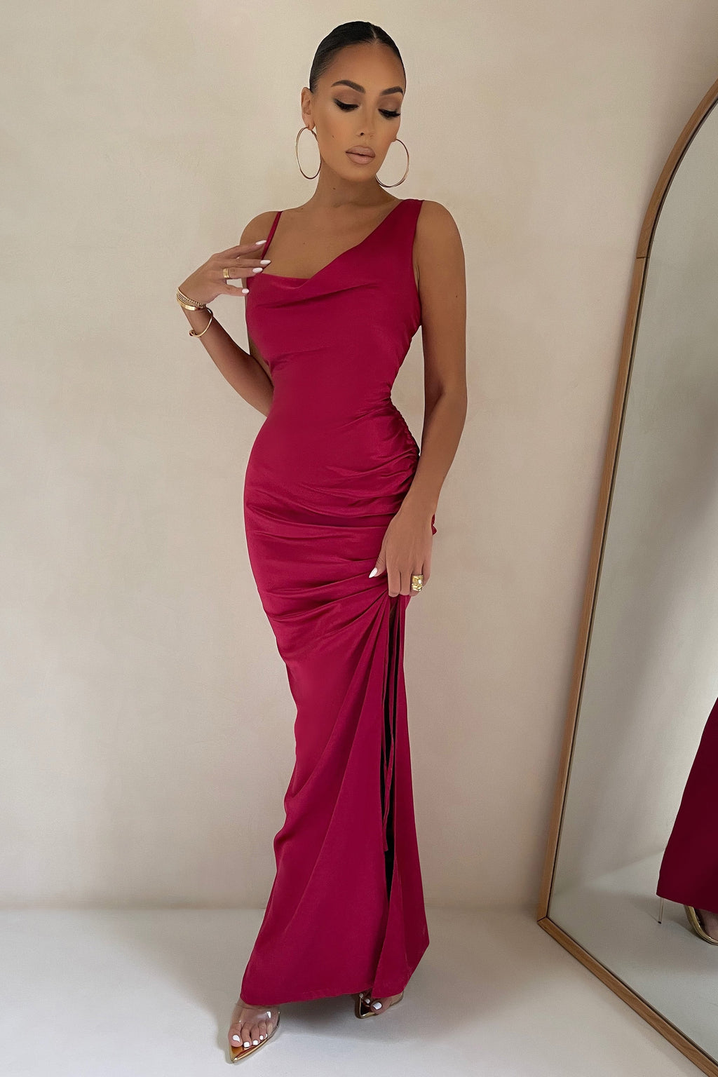 Belonging | Berry Ruched Cowl Maxi Dress