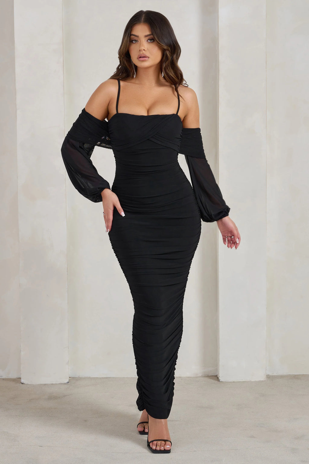 Announcement | Black Bardot Mesh Ruched Maxi Dress