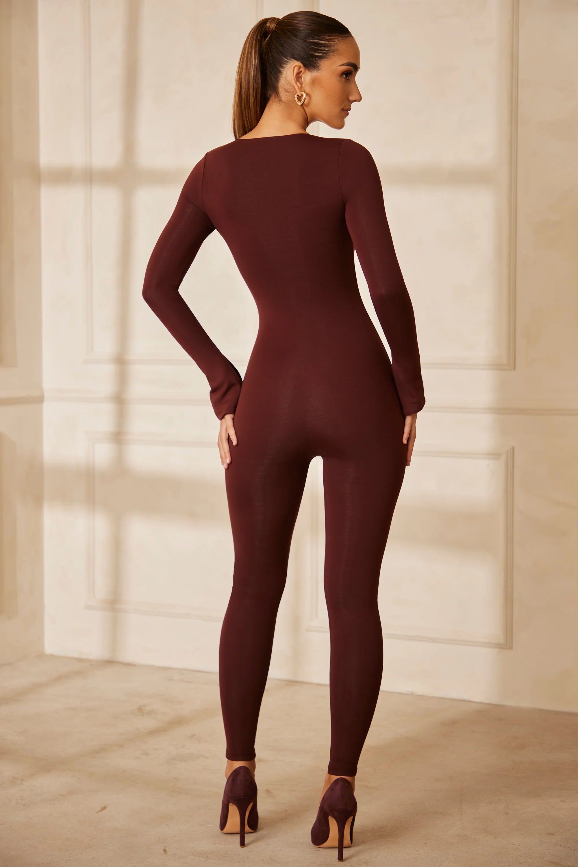 Tall Sweetheart Neckline Long Sleeve Jumpsuit in Brown