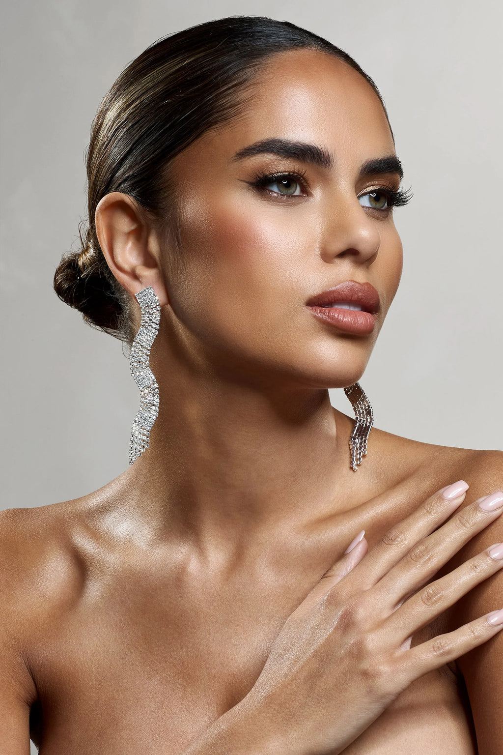 Swirl | Silver Diamante Curve Tassel Earrings