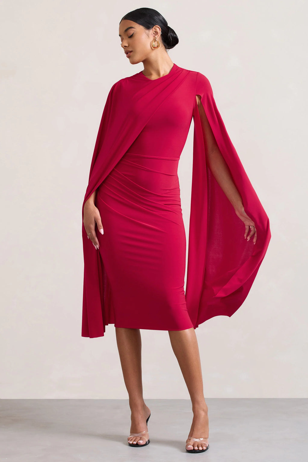 Marysol | Red Asymmetric Cape Midi Dress
