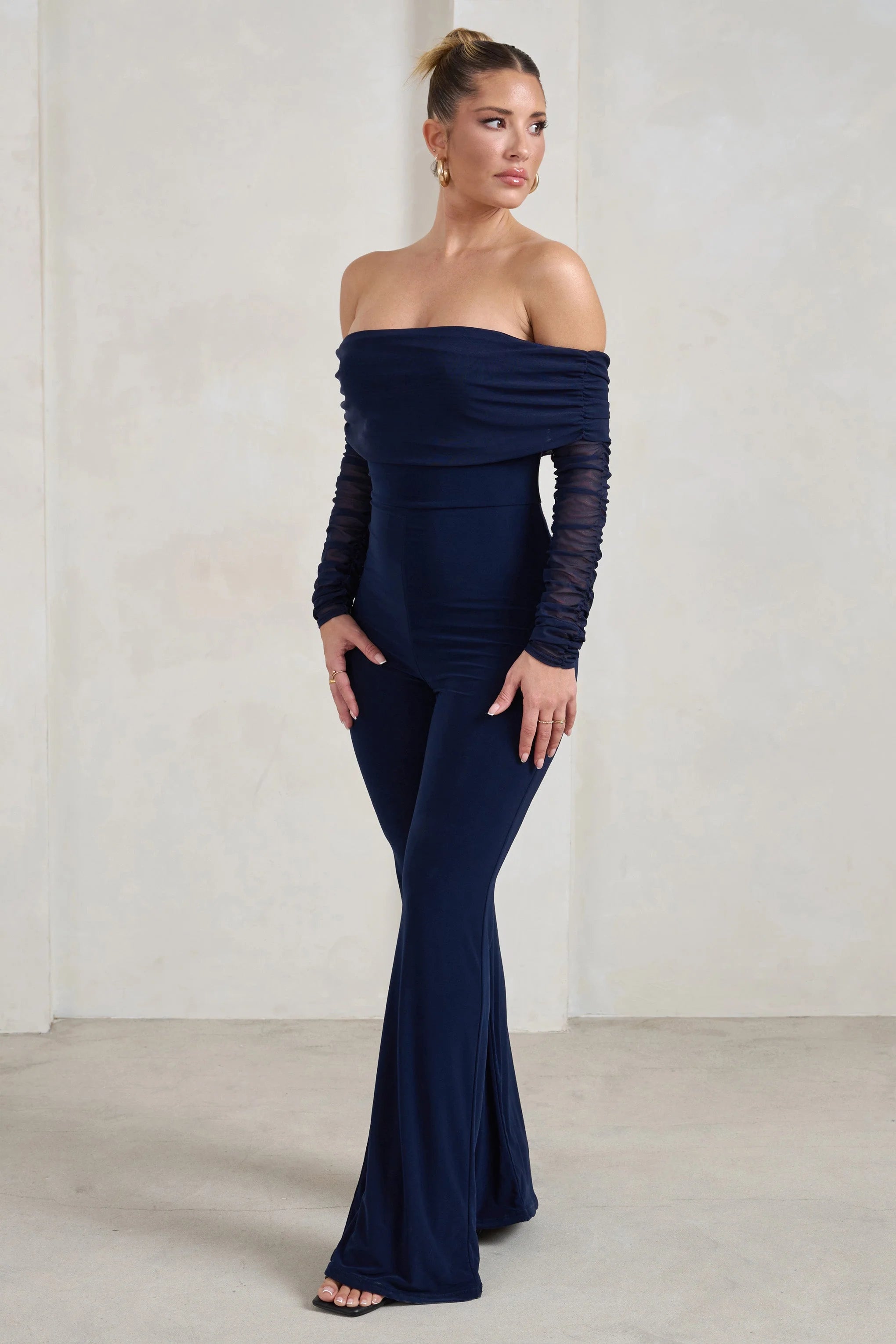 Whisper | Navy Ruched Mesh Bardot Jumpsuit