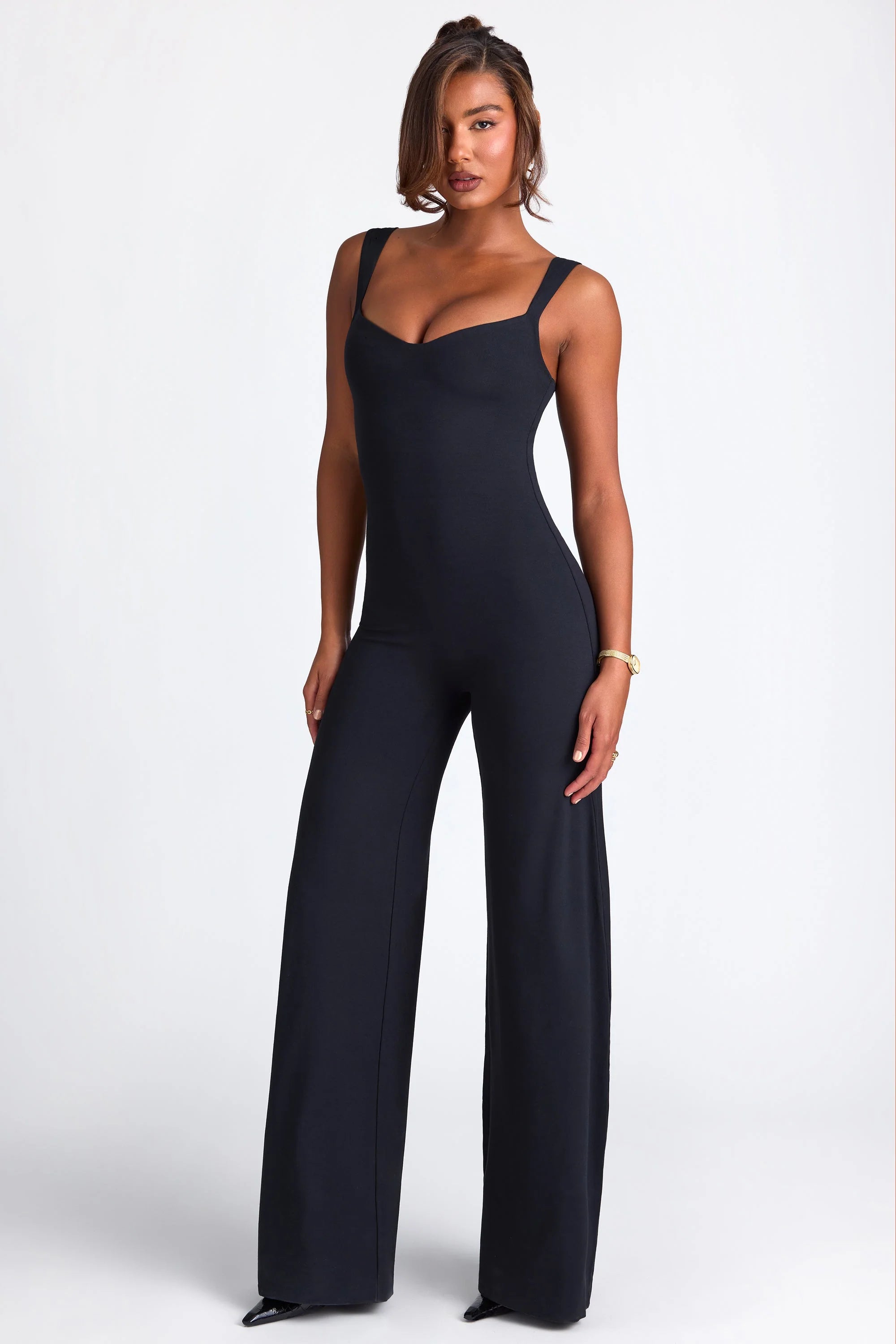 Petite Modal Sweetheart Neckline Wide Leg Jumpsuit in Black