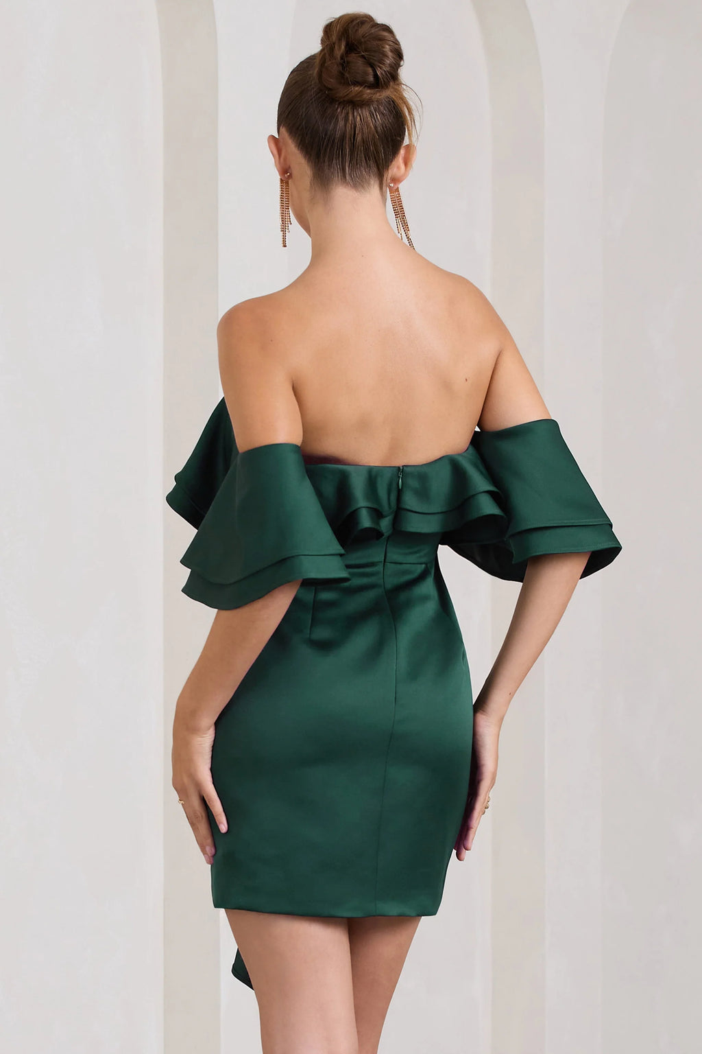 Aspen | Bottle Green Bardot Mini Dress With Ruffles