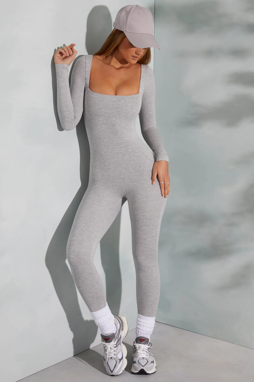 Petite Square Neck Long Sleeve Jumpsuit in Marled Grey