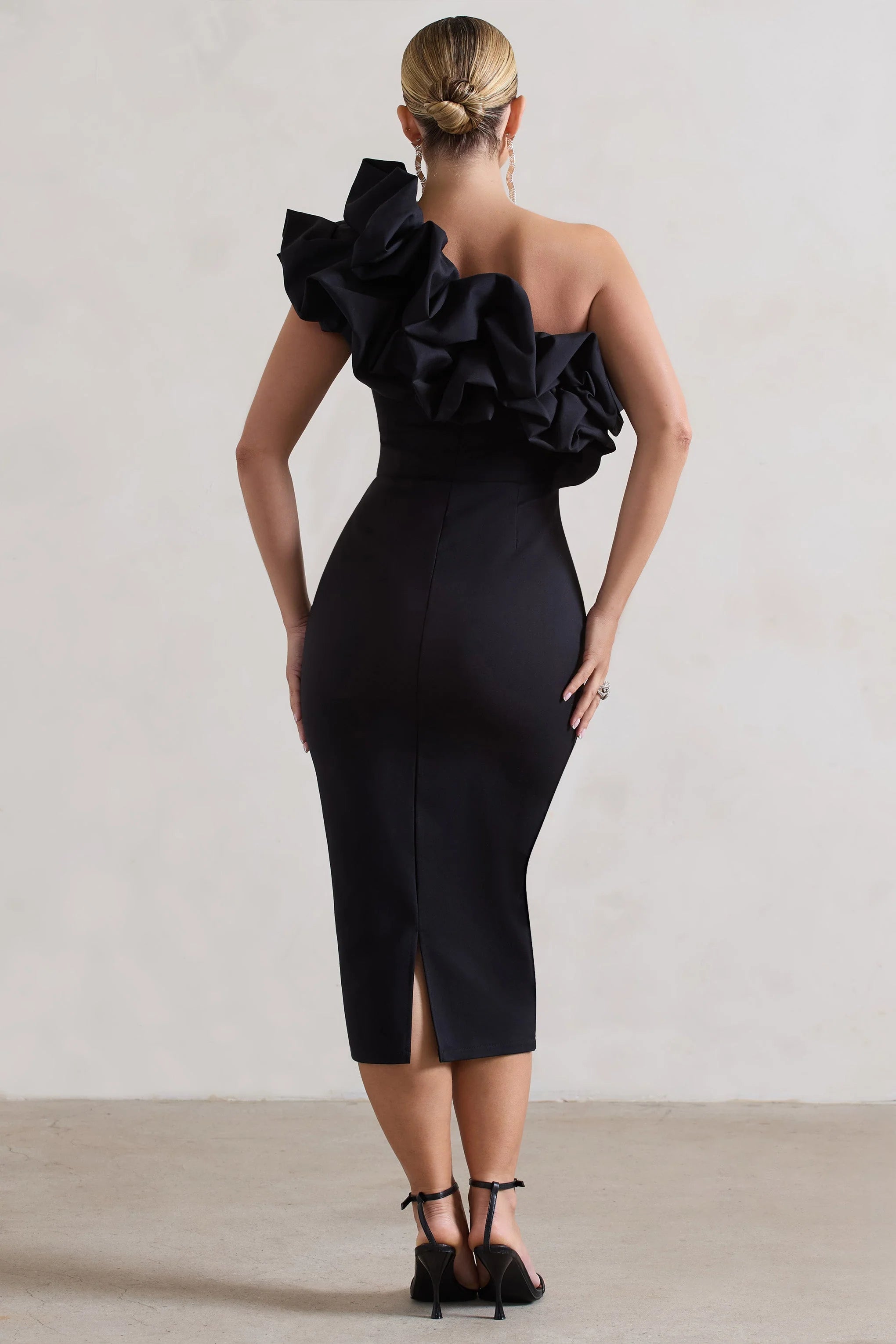 Orchestra | Black Asymmetric Ruffled Midi Dress
