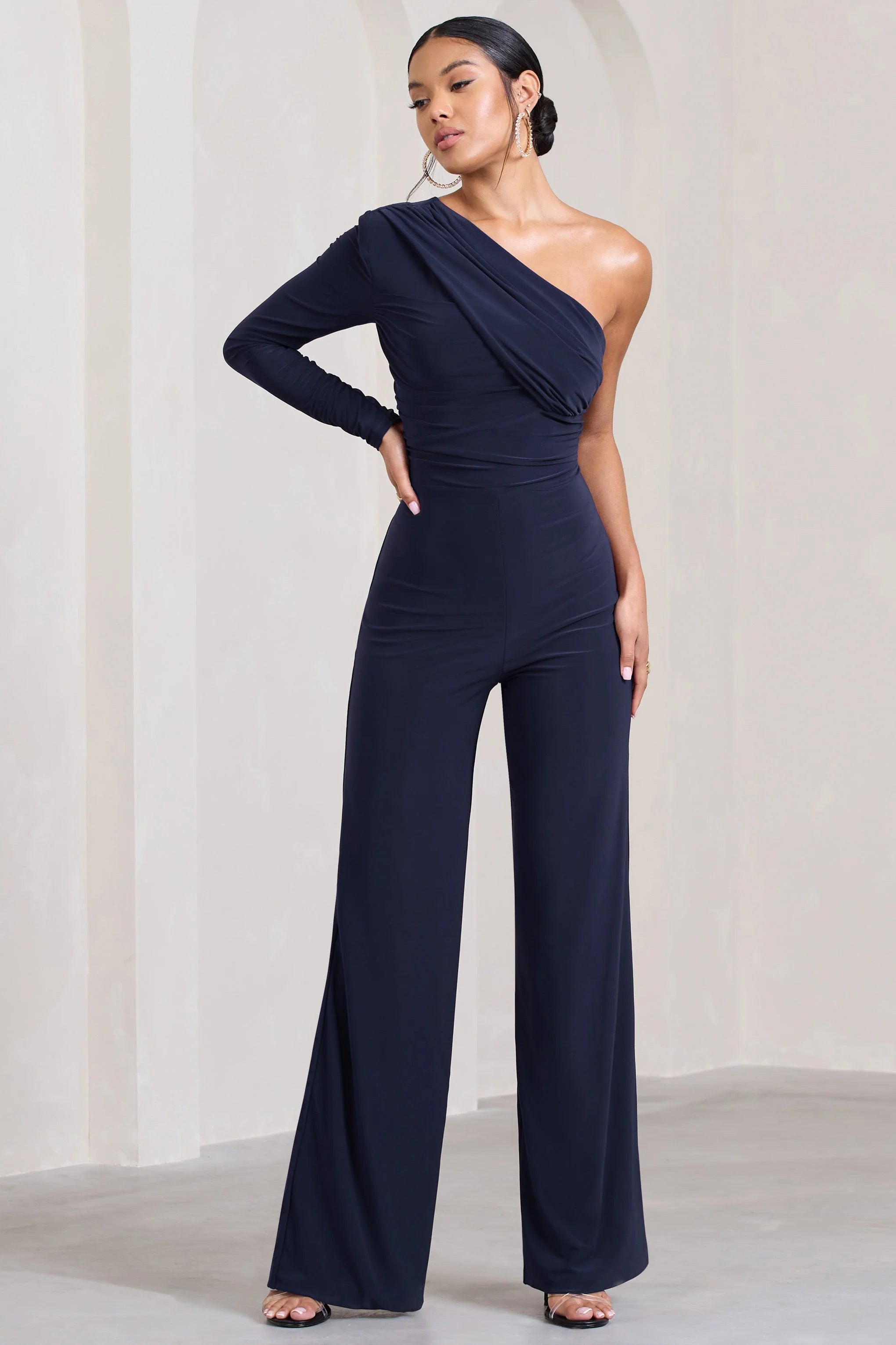 Mila | Navy One Shoulder Ruched Wide Leg Jumpsuit