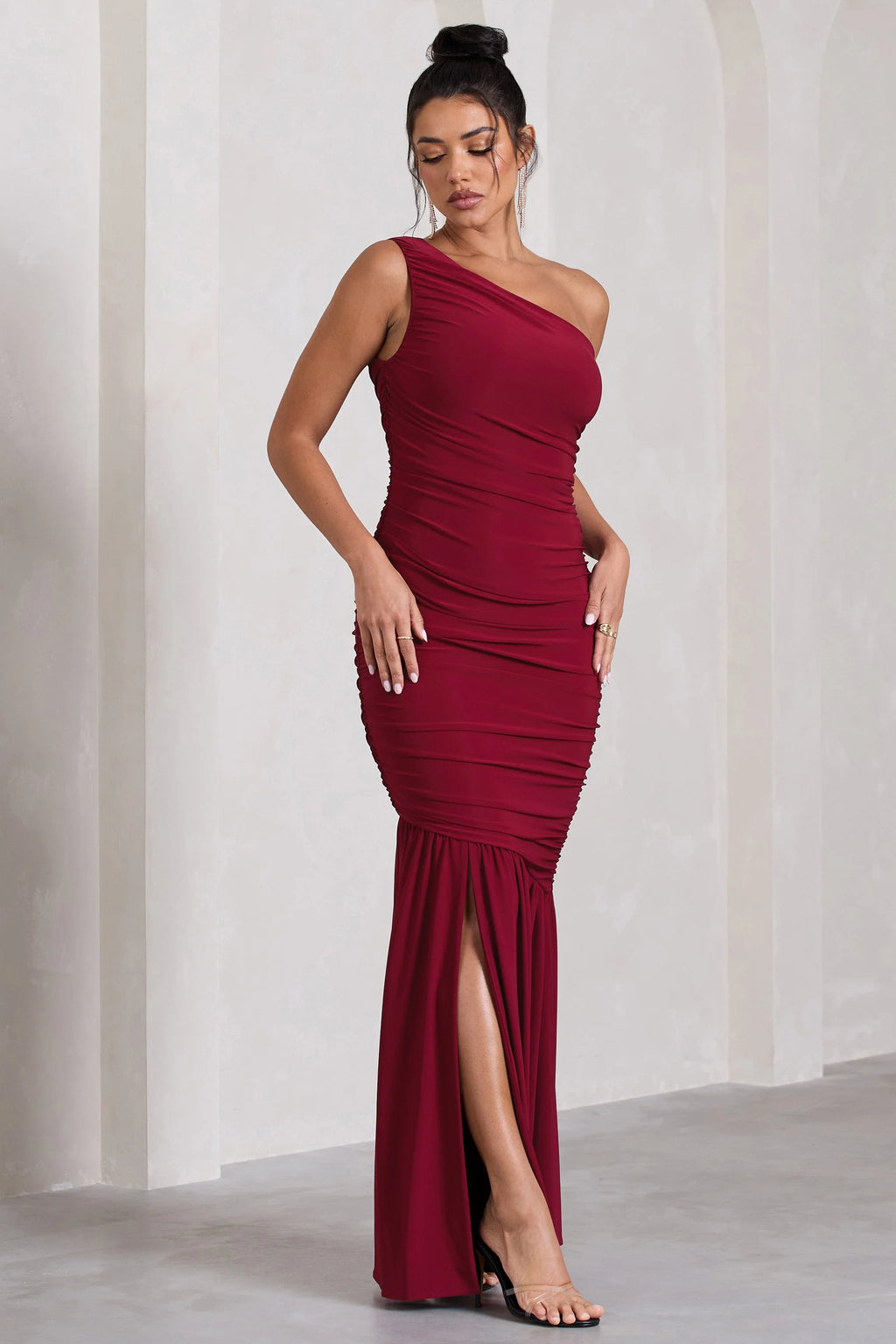 The Limelight | Berry Asymmetric Ruched Fishtail Maxi Dress