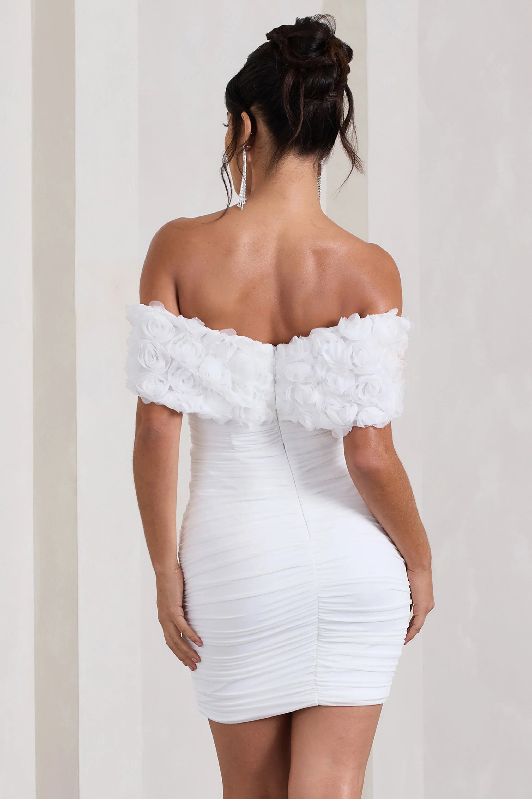 Pass A Glass | White Ruched Bardot Mini Dress With Flowers
