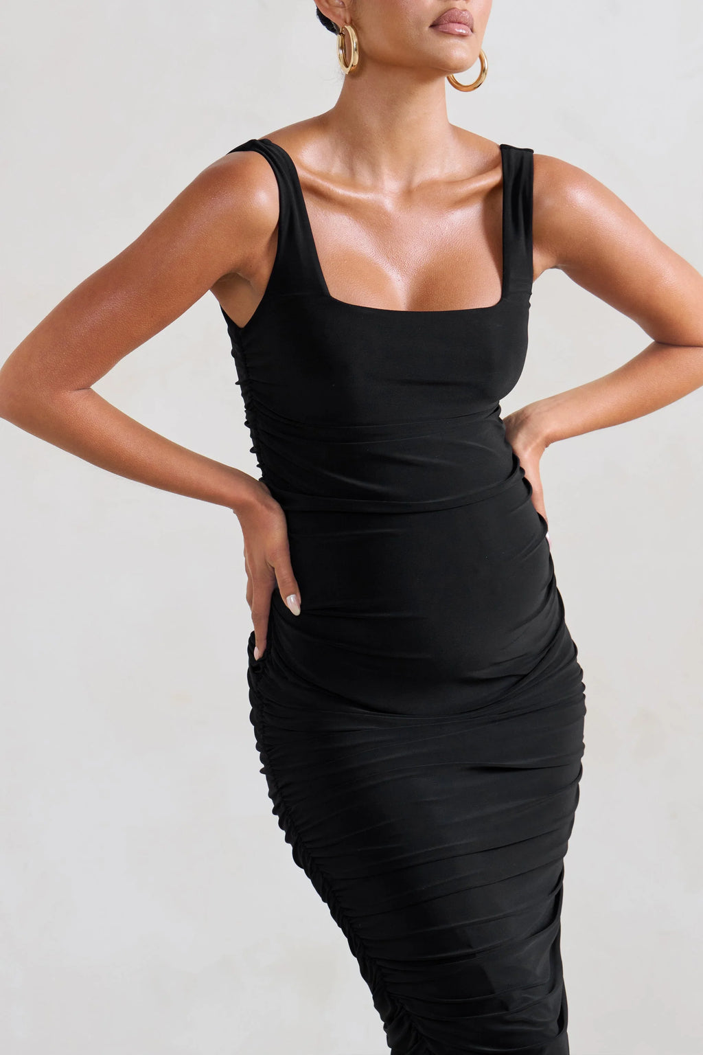 Lisbon | Black Maternity Square Neck Ruched Midi Dress