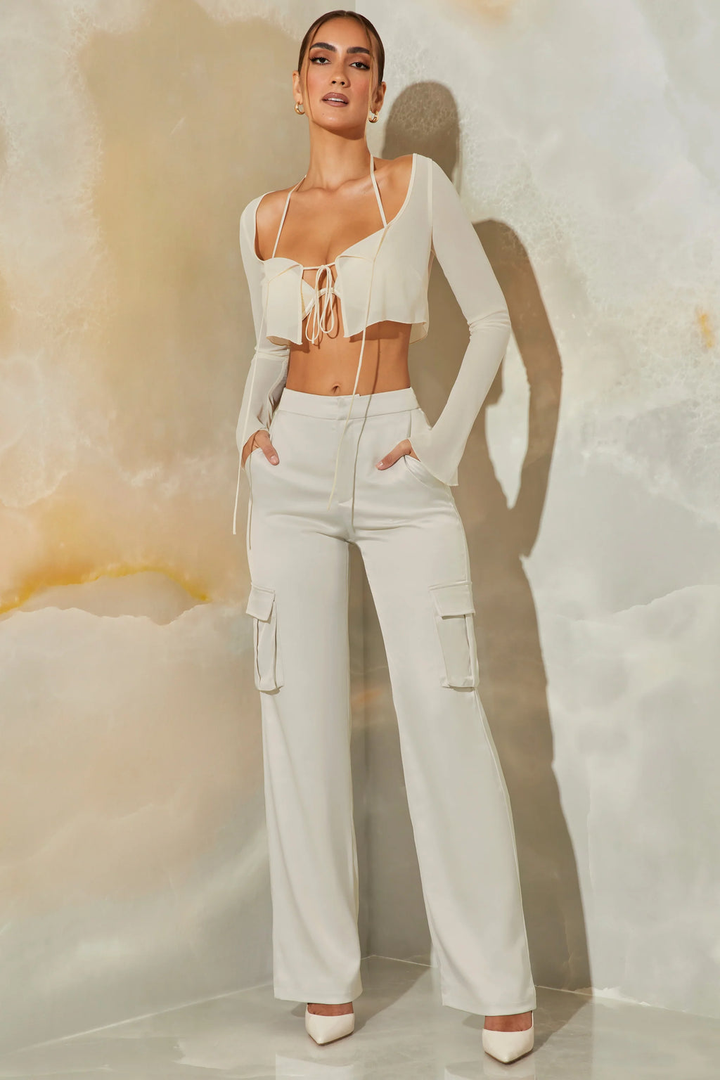 Petite Satin Straight Leg Cargo Trousers in Stone