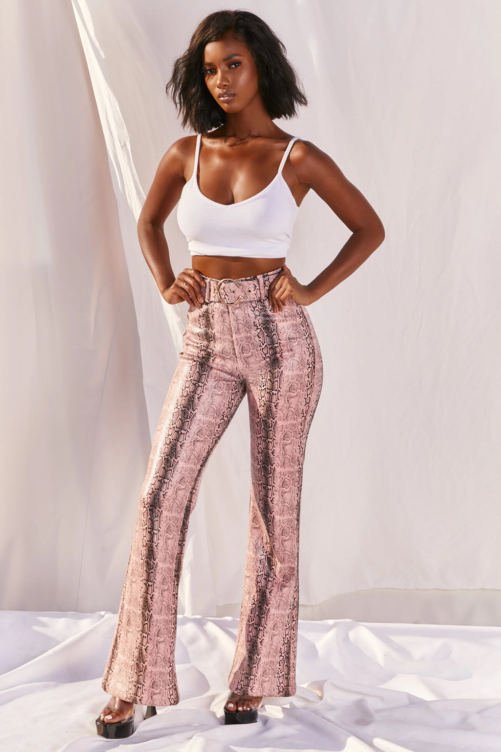 Drive ‘Em Wild Petite High Waisted Wide Leg Trousers in Pink Snake Print