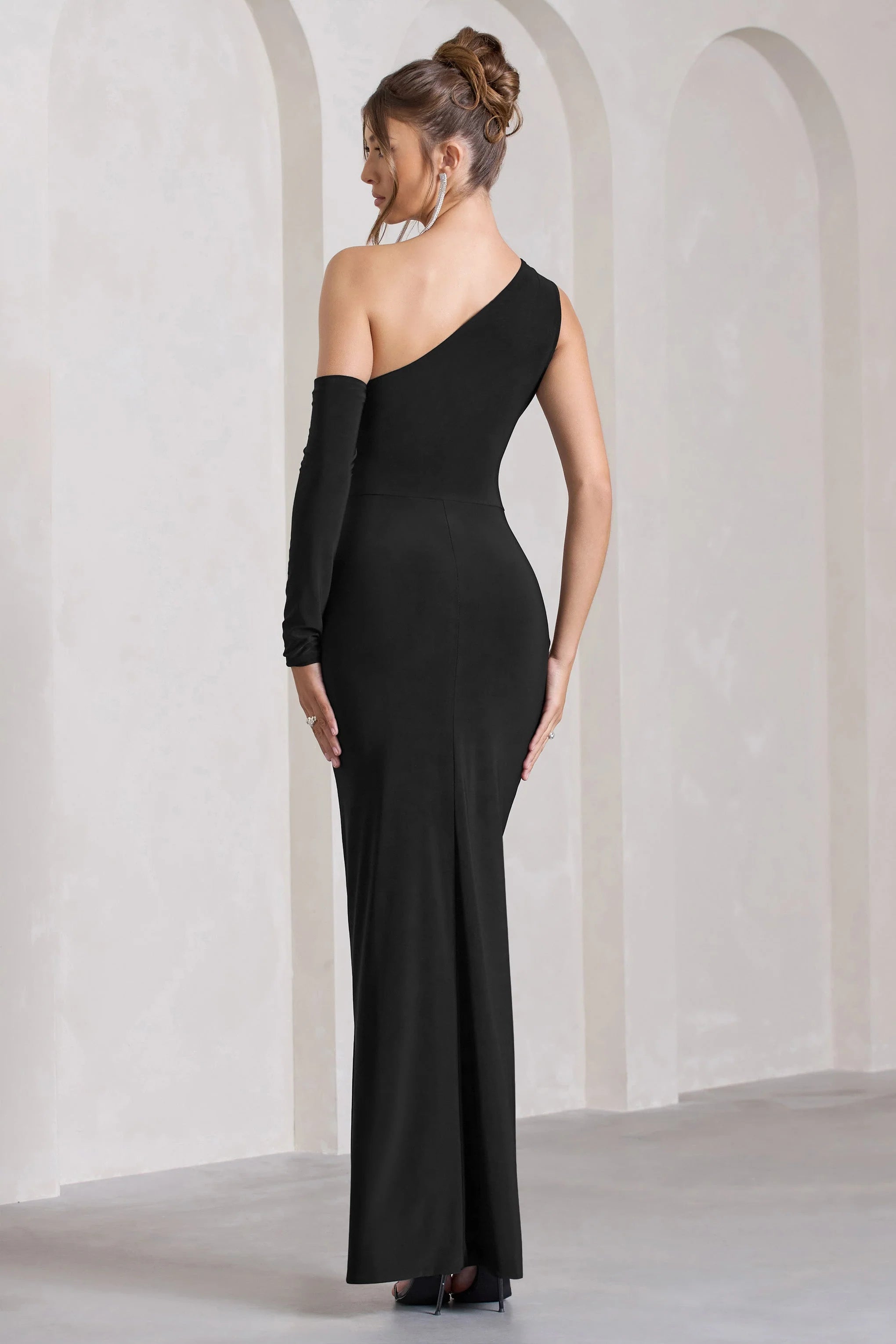 Carlina | Black Ruched Asymmetric Cut-Out Split Maxi Dress
