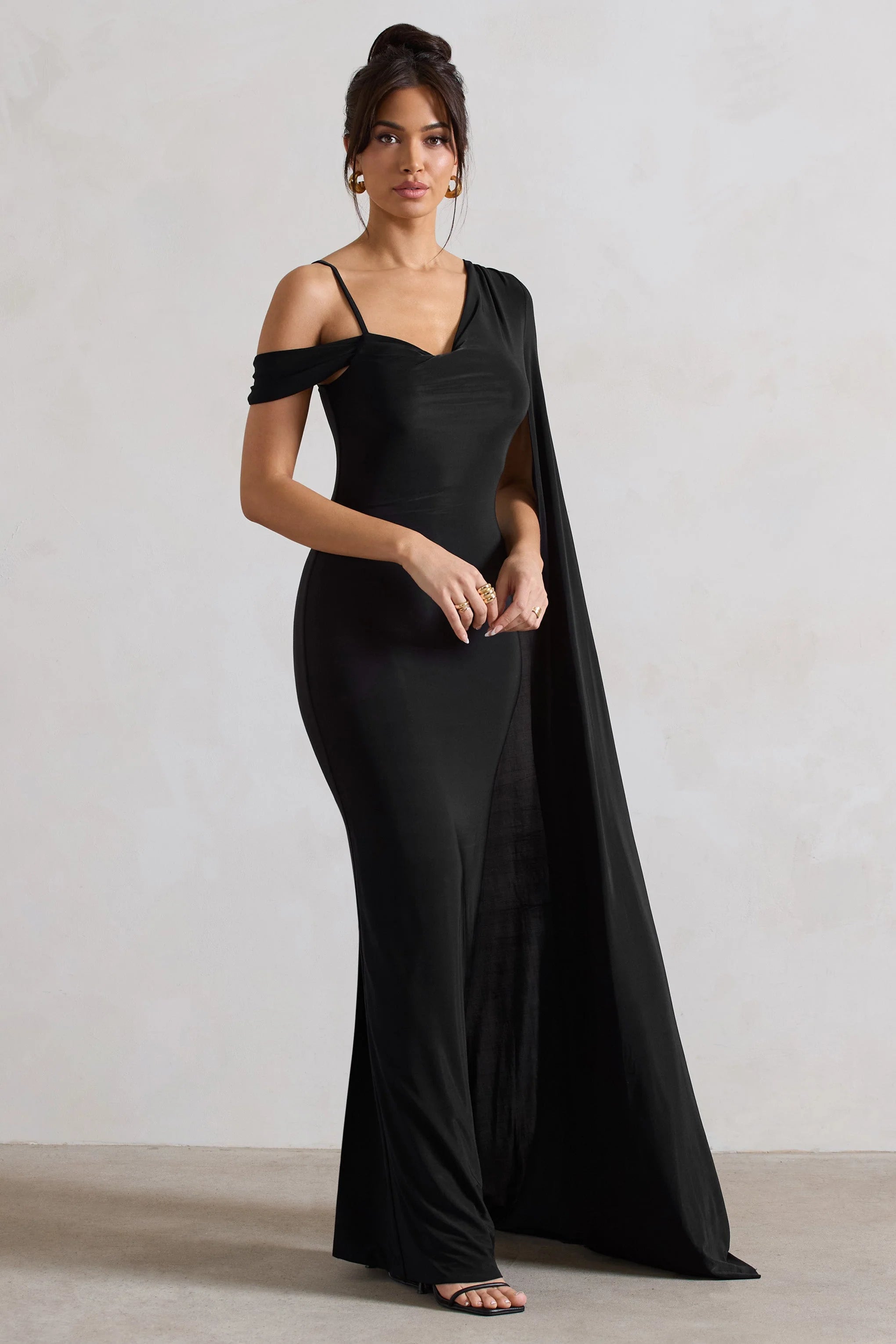 Pedra | Black Asymmetric Draped Maxi Dress With Sash