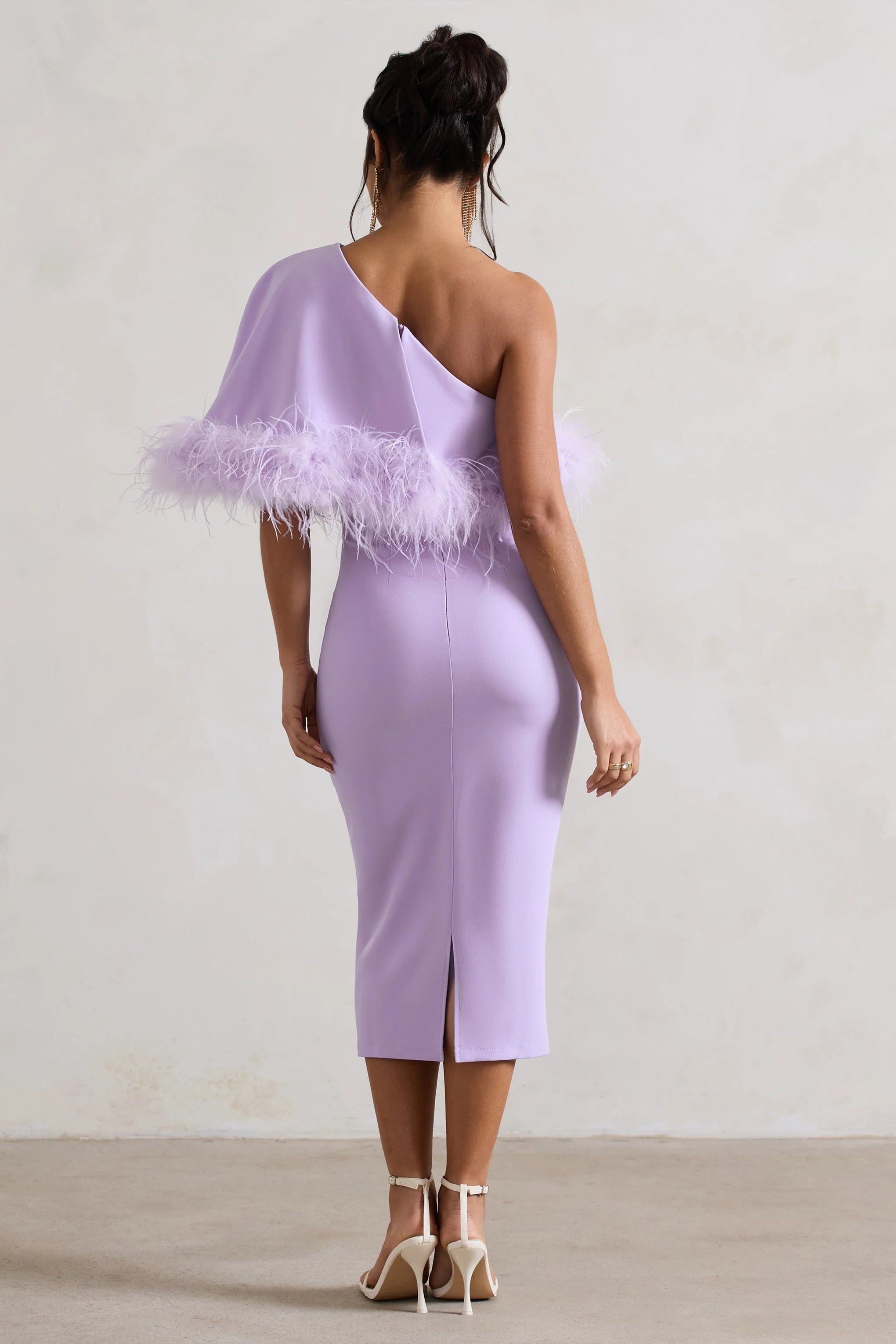 Victory | Lilac Asymmetric Midi Dress With Feather Trim