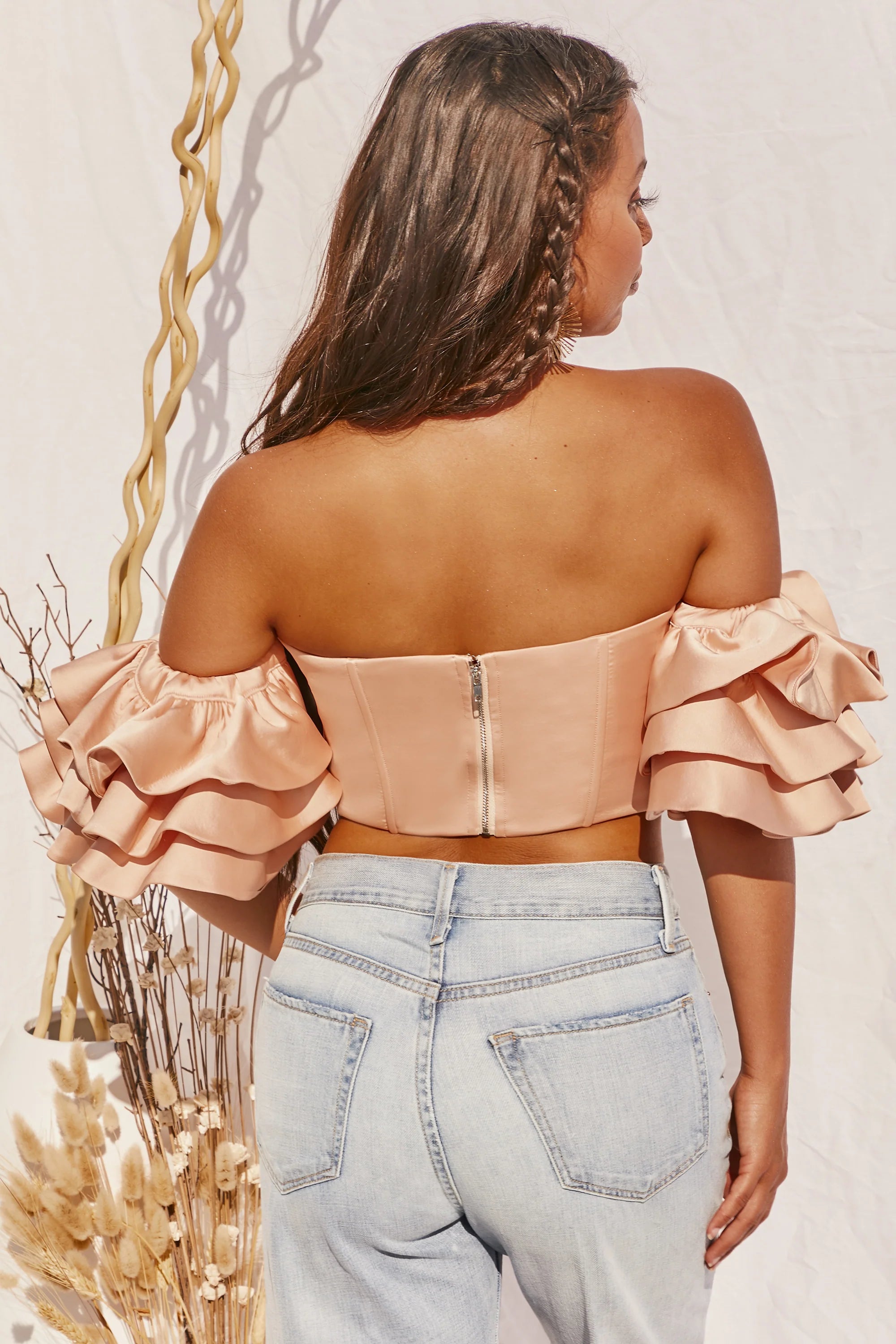 Sweet Bliss Bardot Ruffle Sleeve Crop Top in Peach
