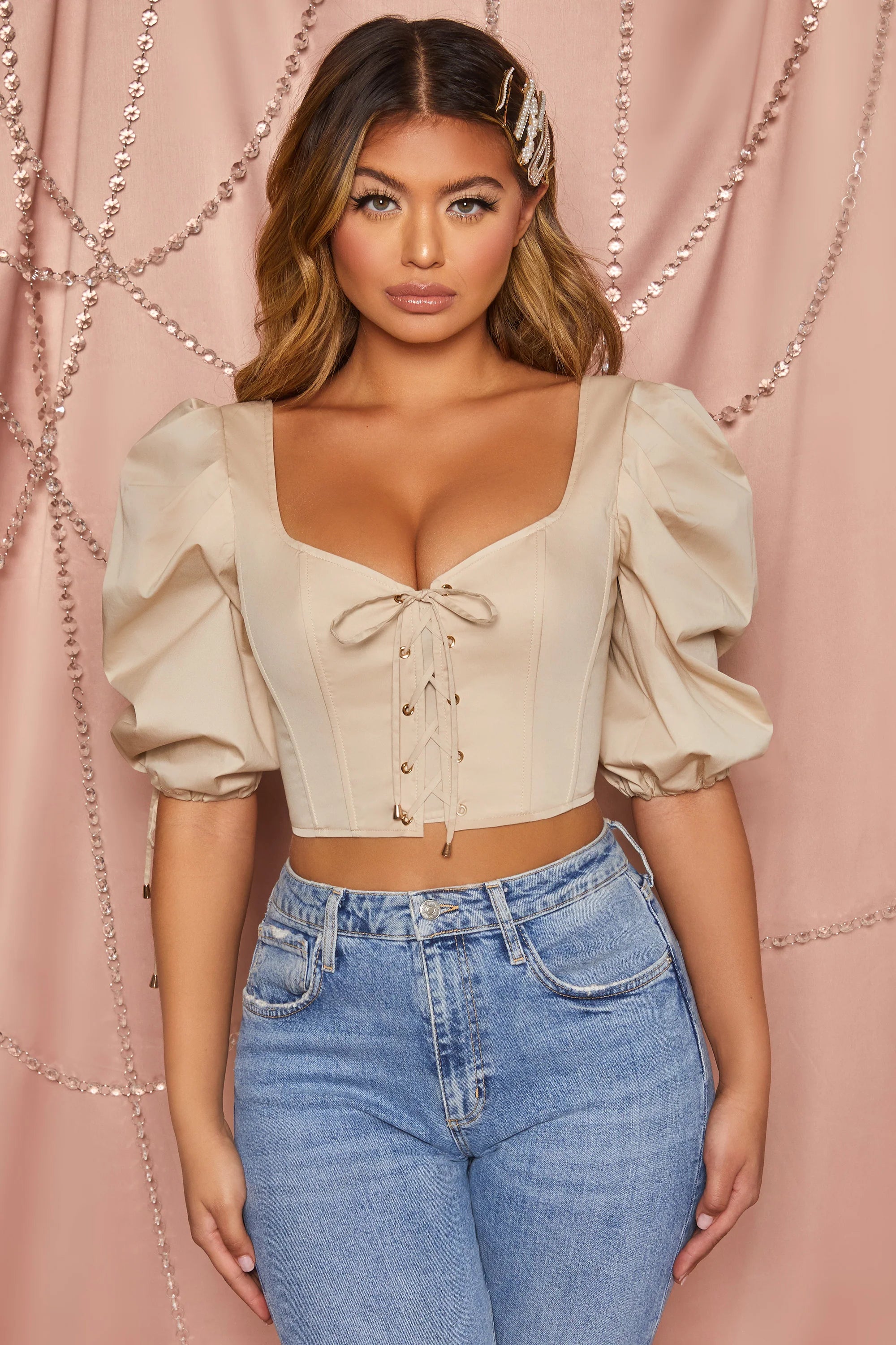 Little Too Lace Puff Sleeve Corset Crop Top in Cream