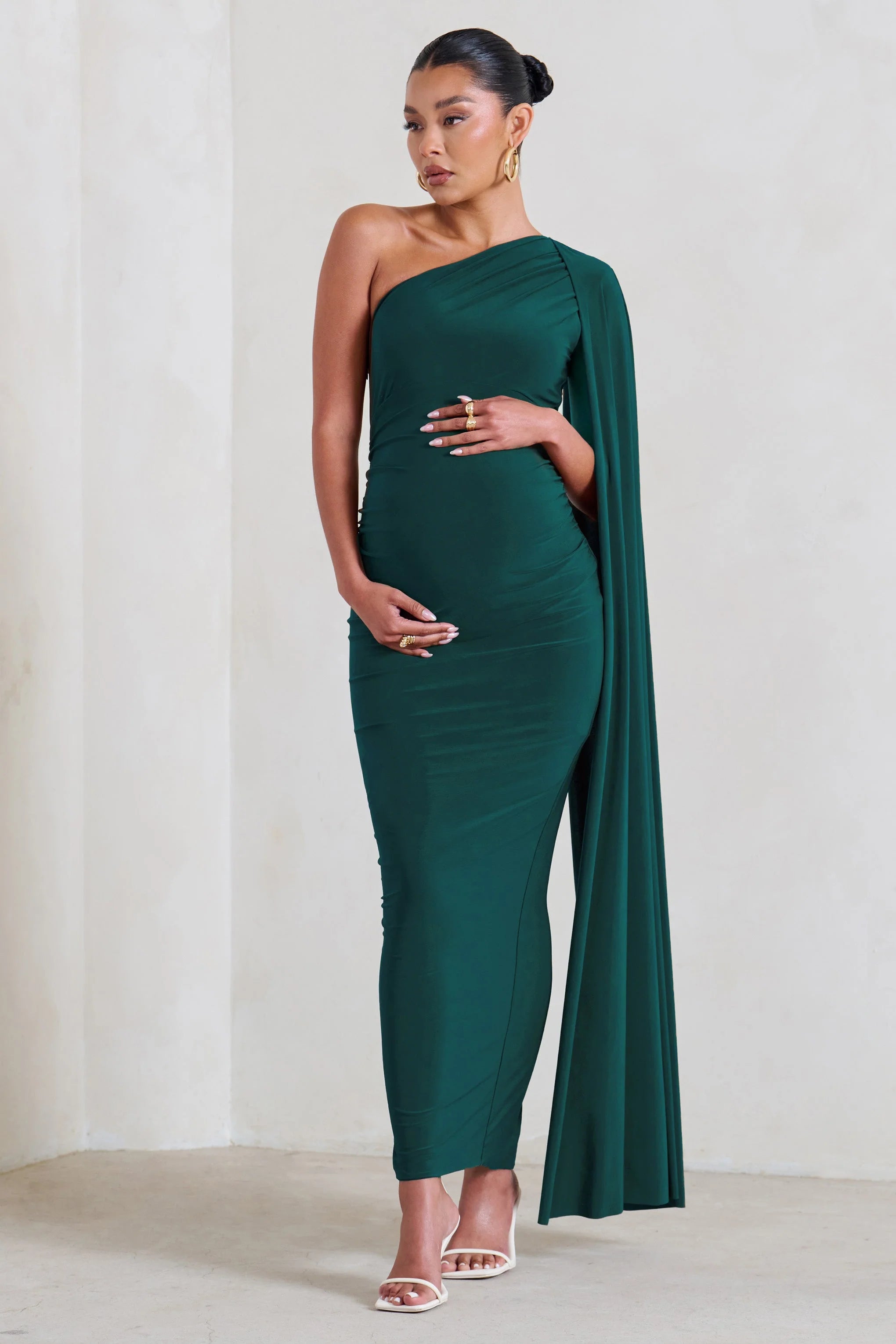 Amaryllis | Bottle Green Maternity One Shoulder Maxi Dress with Cape Sleeve
