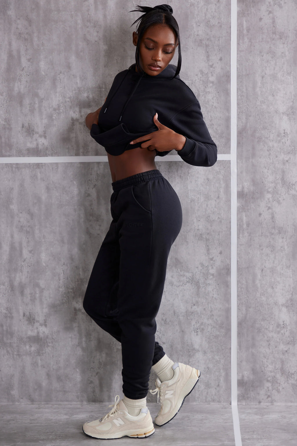 Petite High Waist Cuffed Joggers in Jet Black