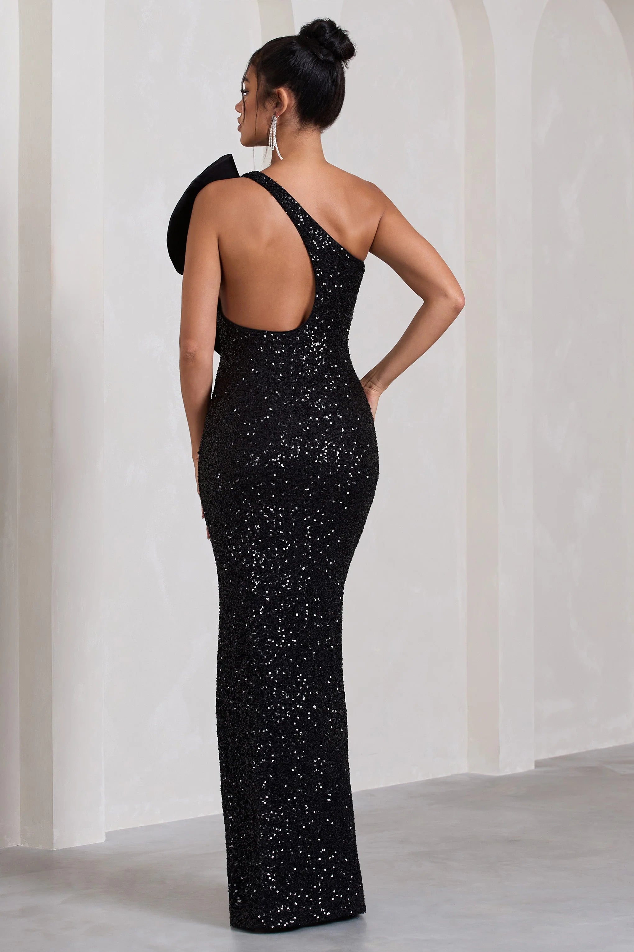 Award | Black Sequin Asymmetric Cut-Out Split Maxi Dress With Ruffle Detail