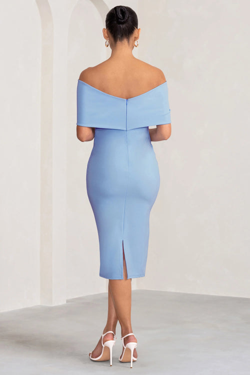 Alyssa | Powder Blue Bardot Bow Maternity Midi Dress with Ruching