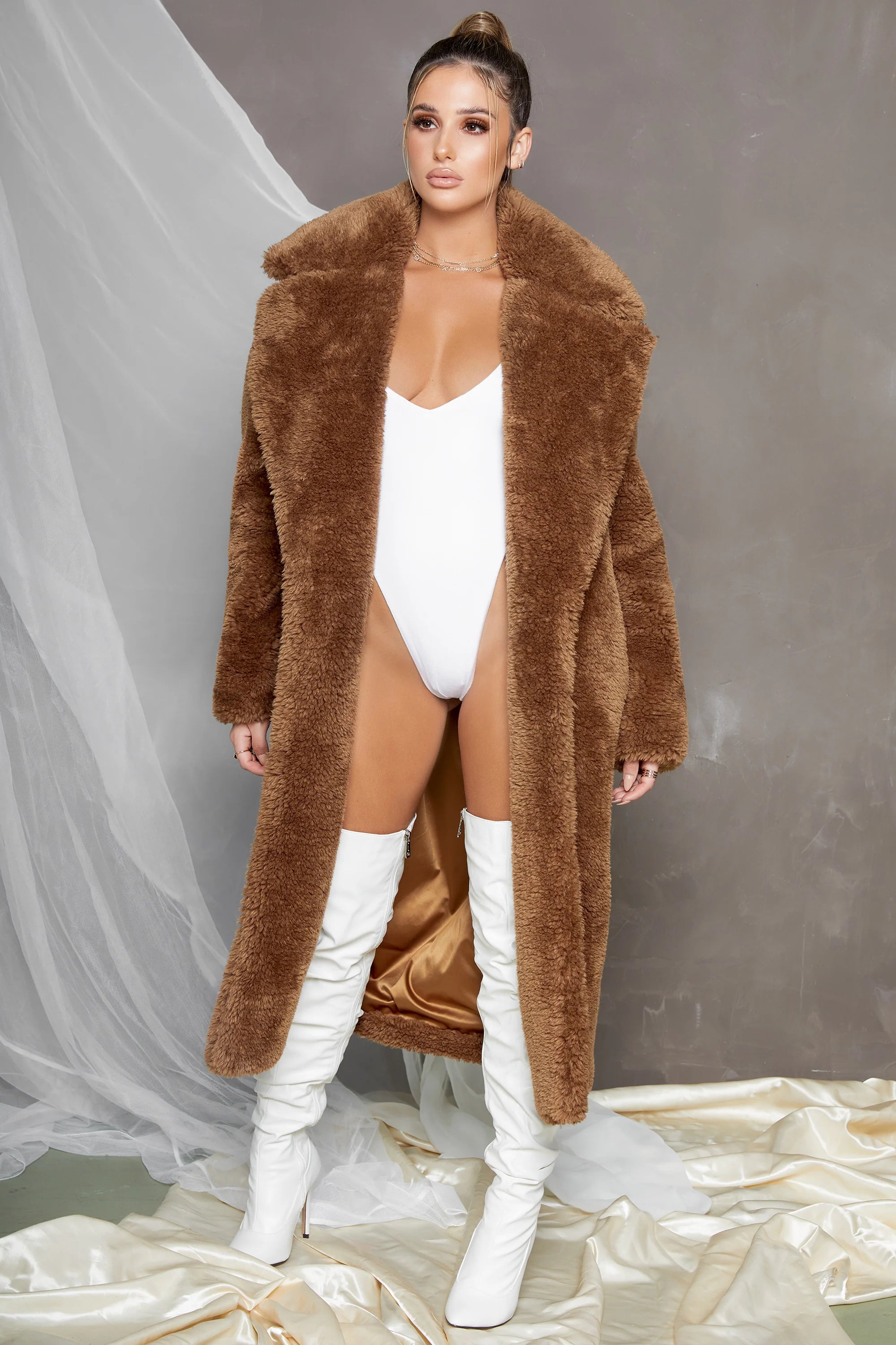 Empire Oversized Longline Cocoon Teddy Coat in Dark Brown