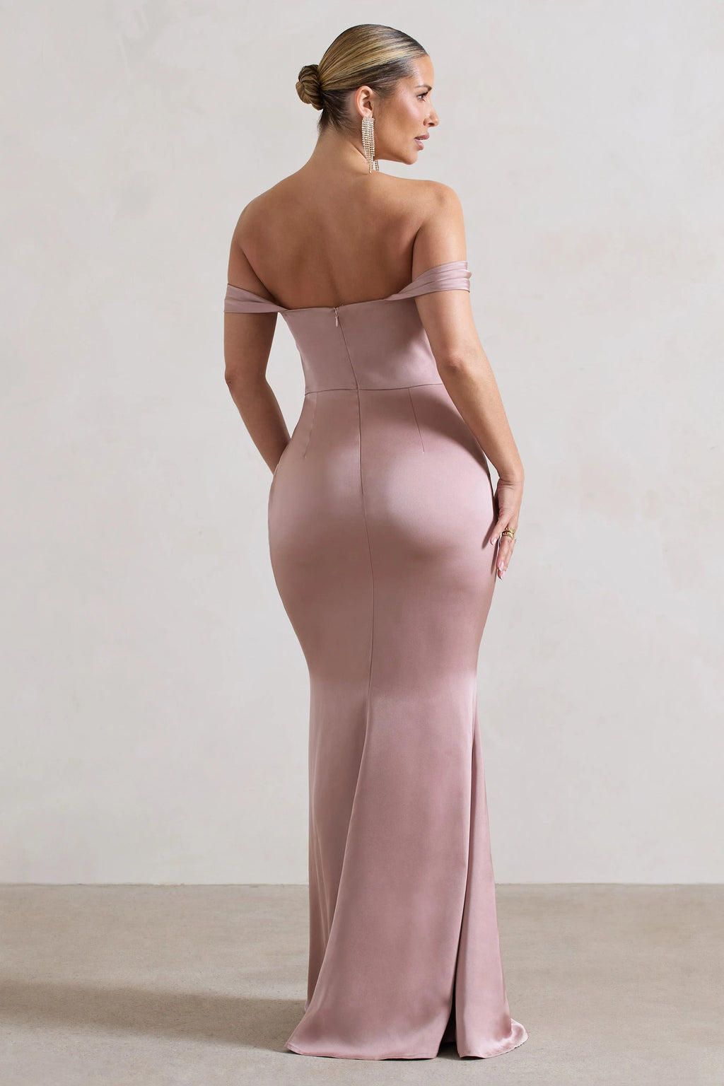 Katia | Blush Pink Satin Bardot Fishtail Maxi Dress