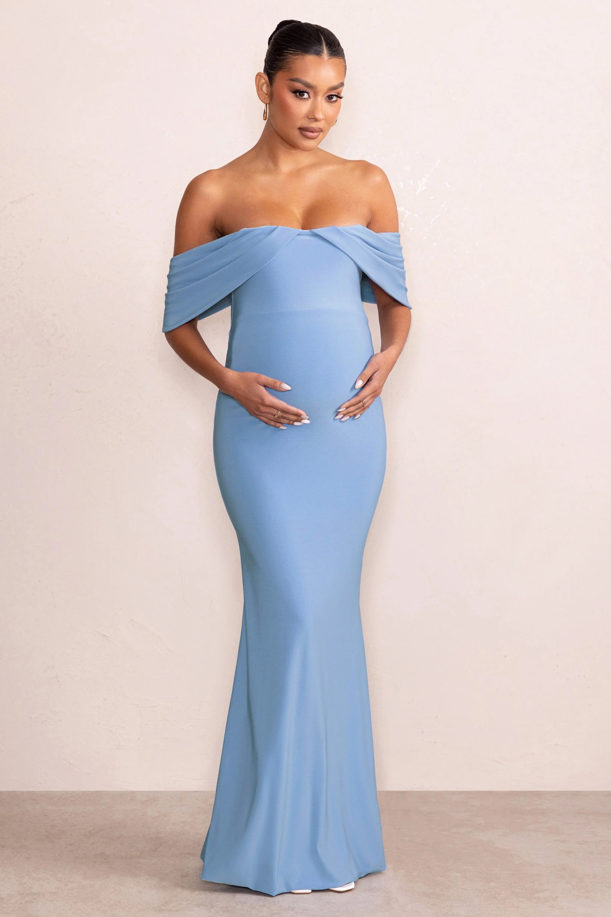 Asha | Powder Blue Draped Sleeve Bardot Maternity Maxi Dress