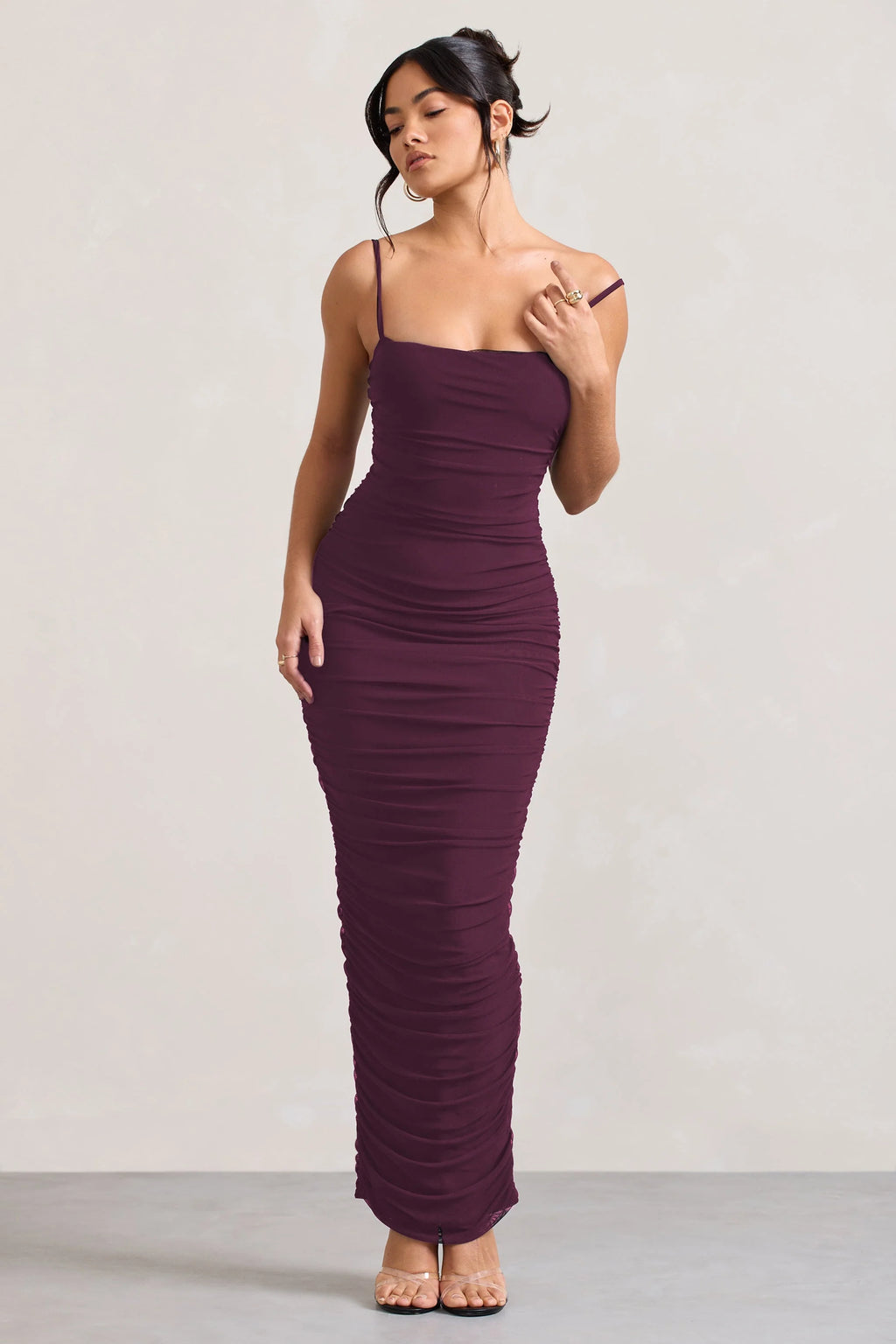 Ellis | Plum Ruched Mesh Strappy Bodycon Maxi Dress