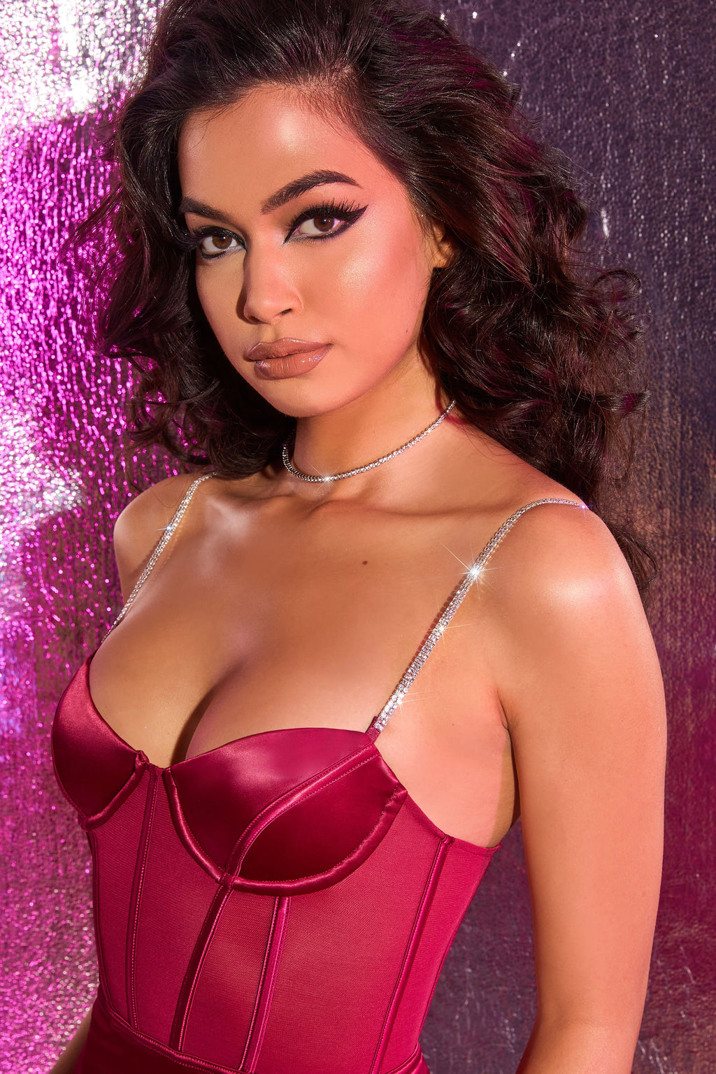 Untouchable Satin Bustier Embellished Mini Dress in Berry