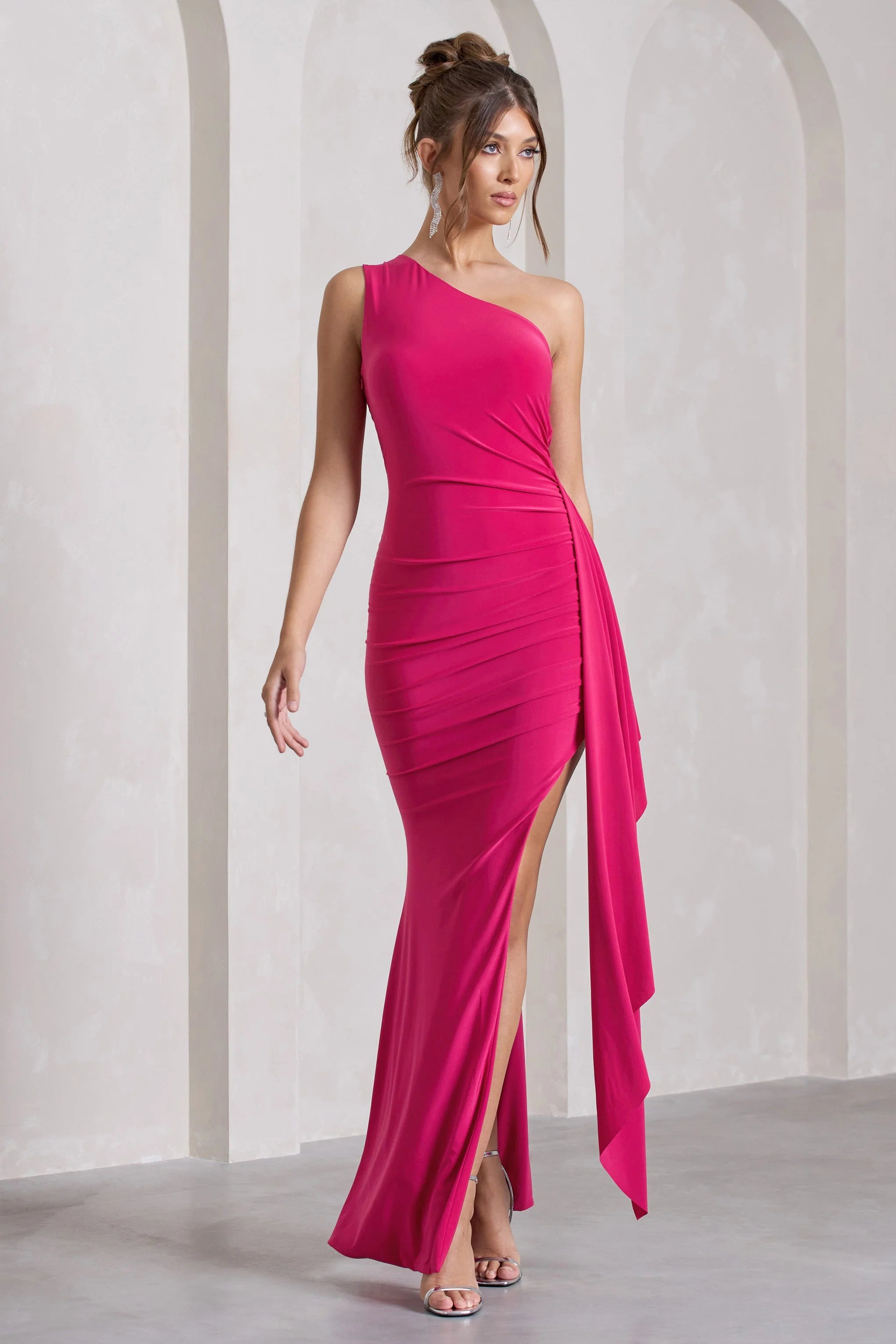 Rewind | Hot Pink Asymmetric Sleeveless Split Maxi Dress With Drape
