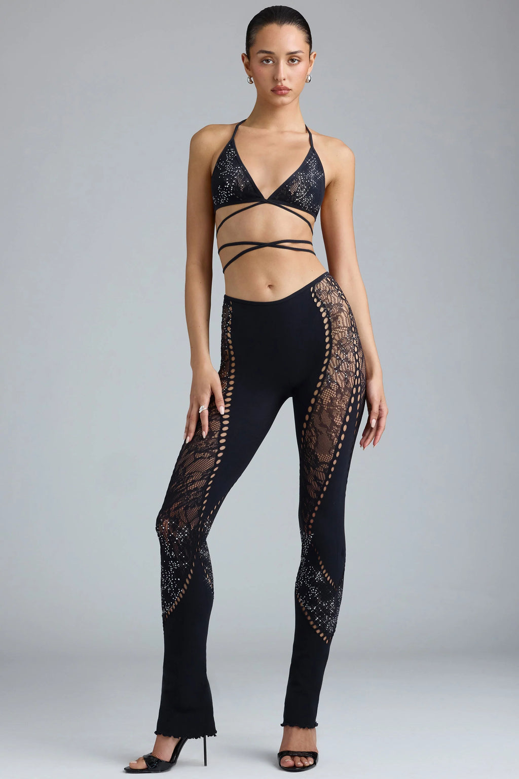 Tall Embellished Mid-Rise Flared Trousers in Black