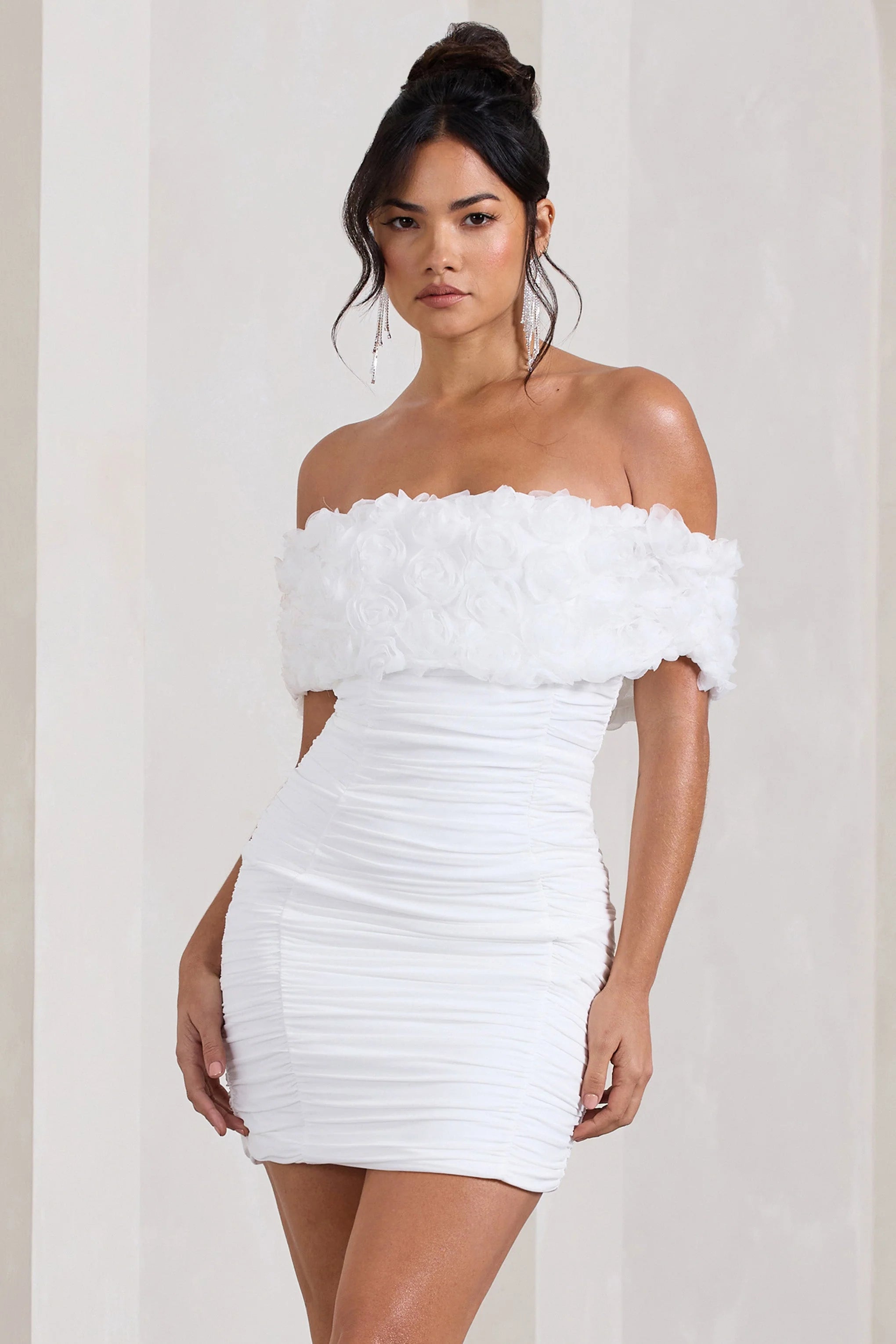 Pass A Glass | White Ruched Bardot Mini Dress With Flowers