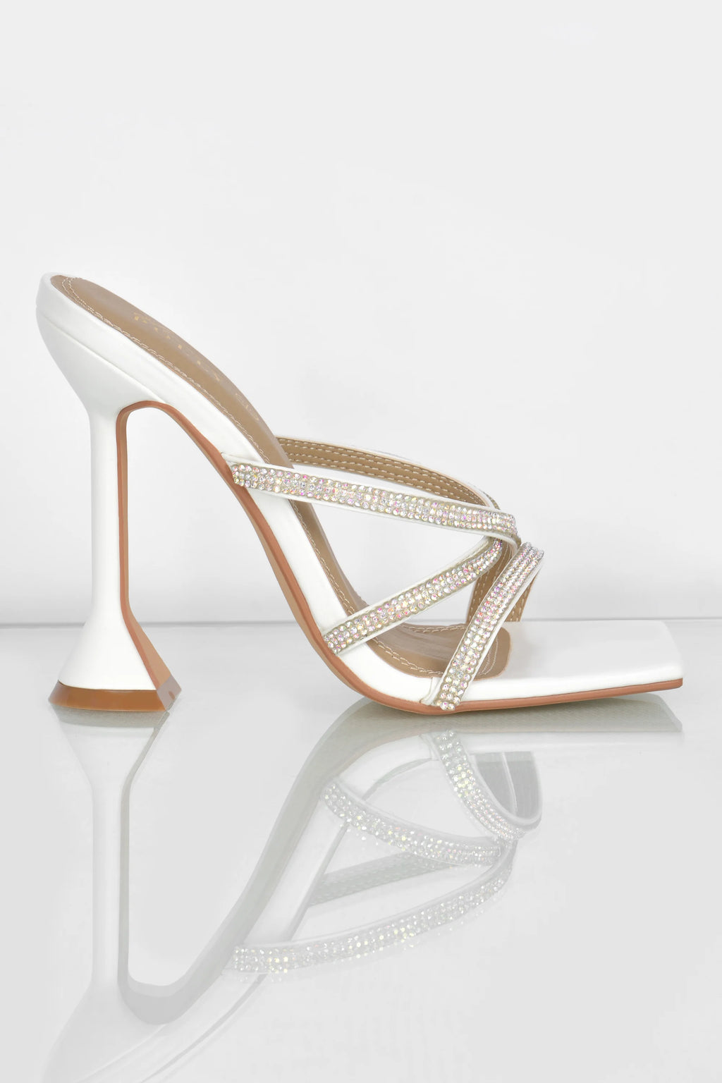 Step Aside Diamante Embellished Mule Heels in White