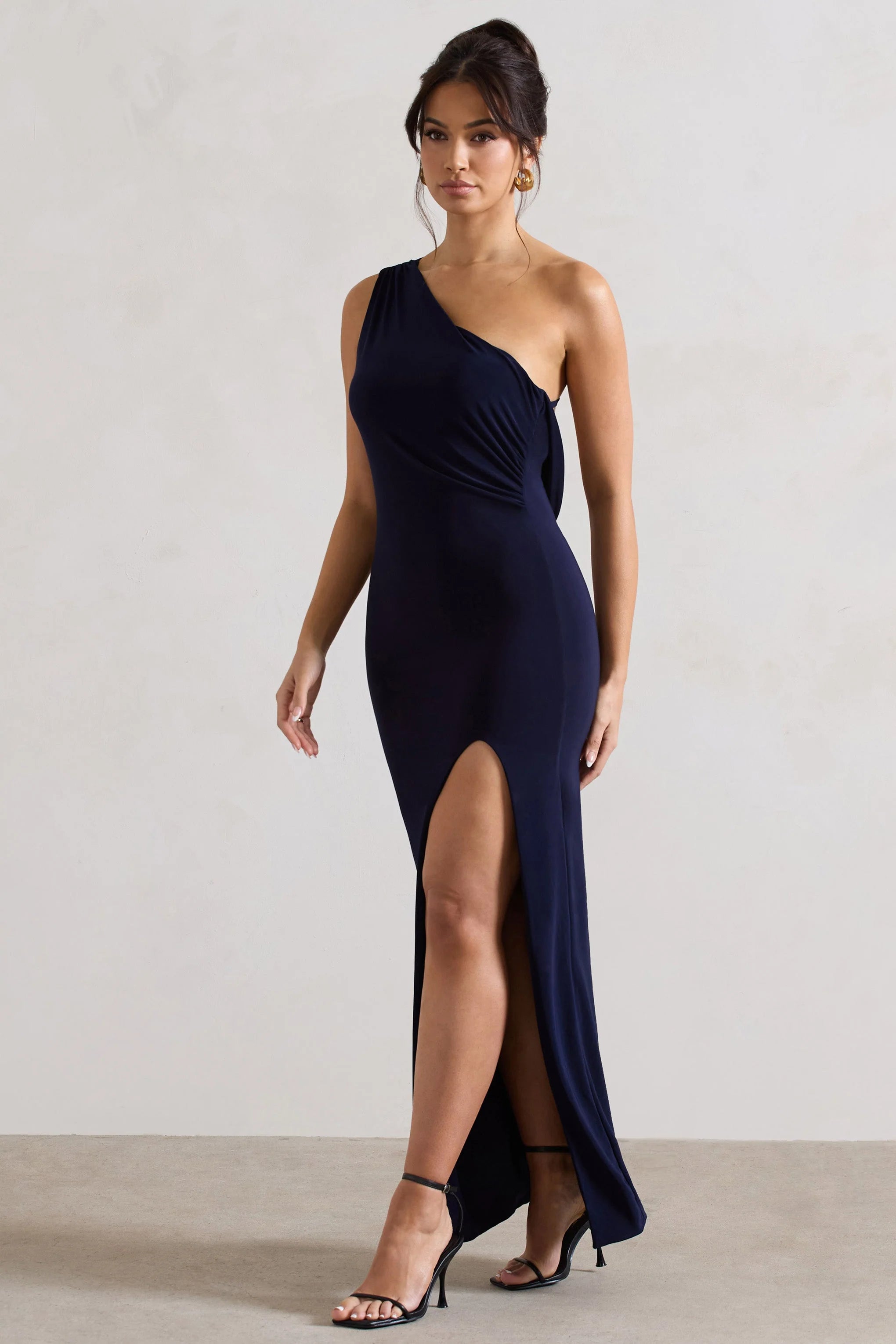 Melody | Navy Asymmetric Cowl-Back Split Maxi Dress