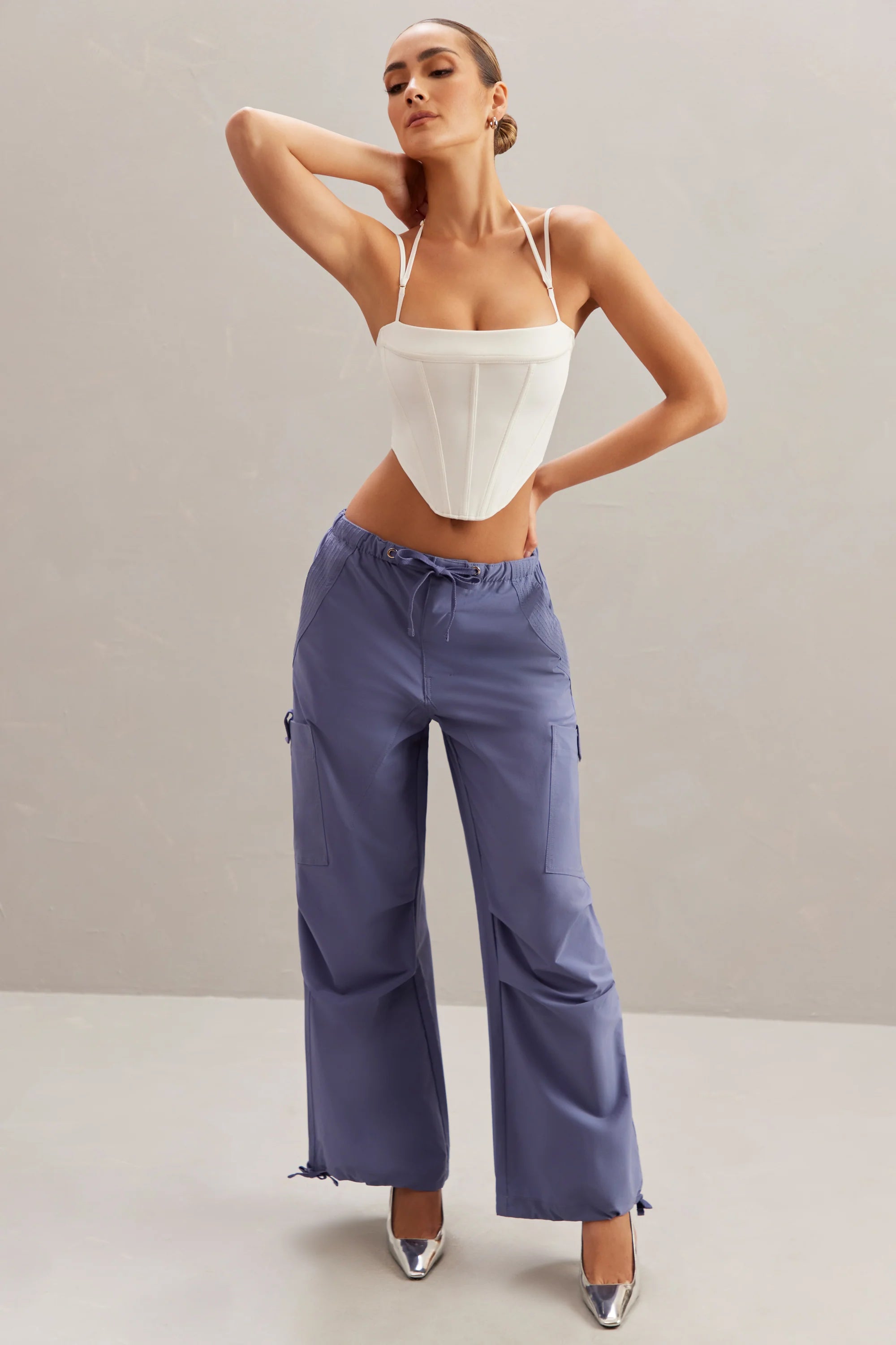 Petite Wide Leg Cargo Trousers in Dusty Blue
