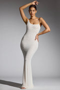 Embellished Asymmetric Maxi Dress in White
