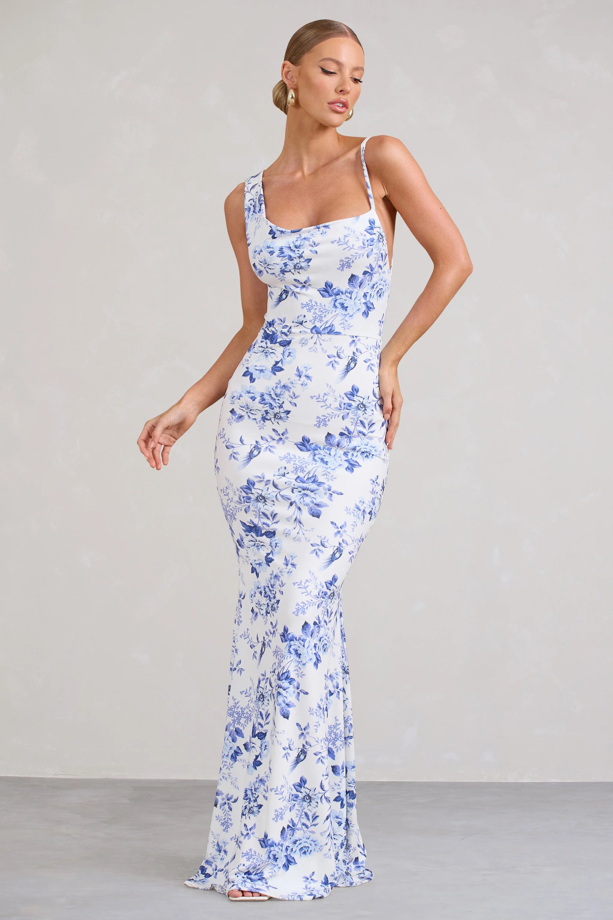 Phantasy | Blue Floral Print Asymmetric Neckline Cowl Maxi Dress
