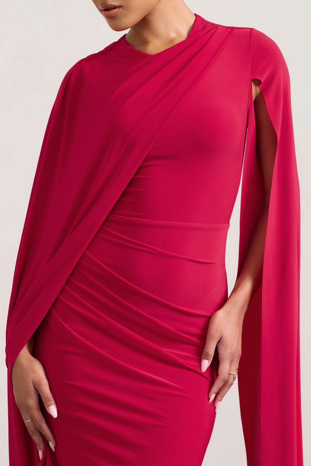 Marysol | Red Asymmetric Cape Midi Dress