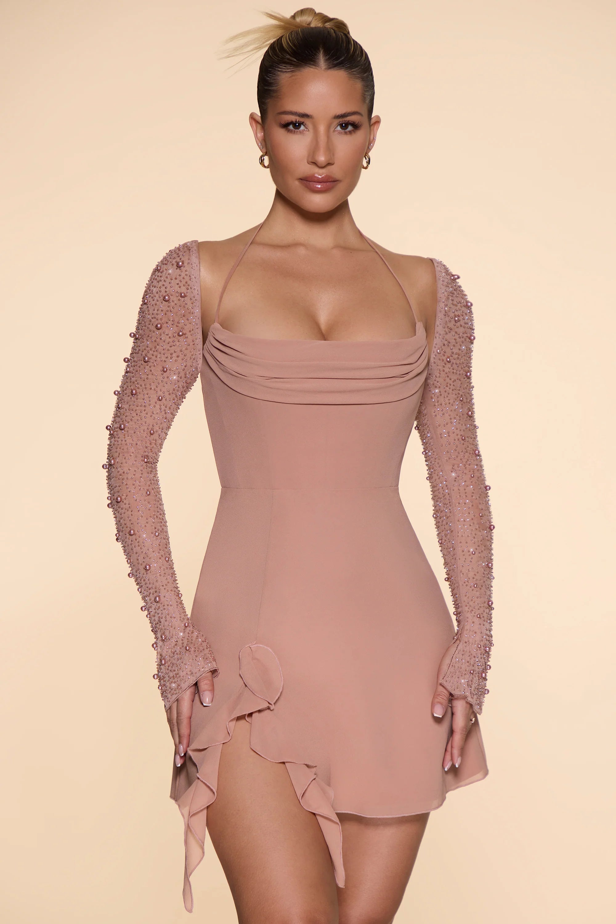 Long Sleeve Cowl Neck A-Line Mini Dress in Beige