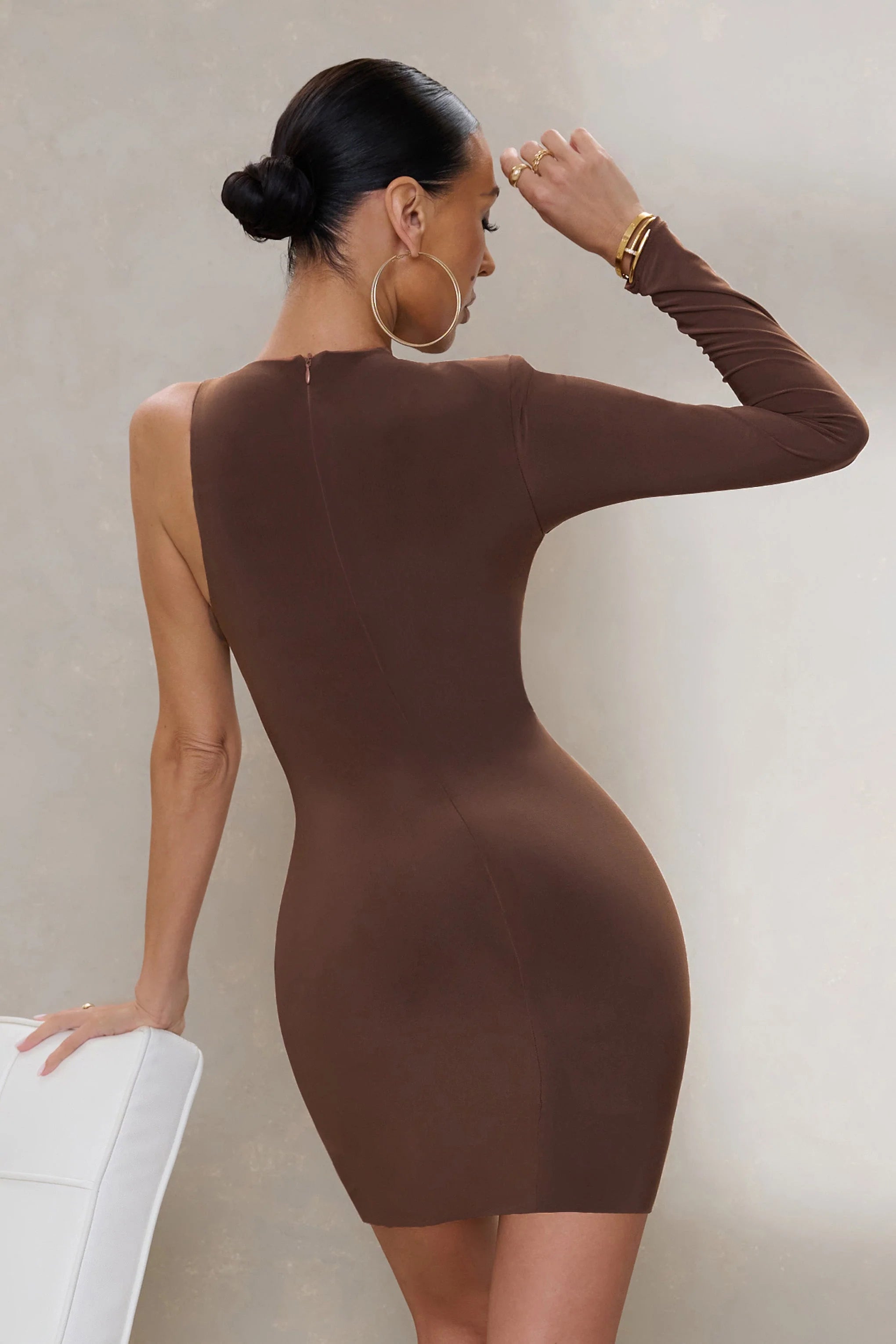 Talk The Talk | Chocolate Brown One Sleeve Ruched Mini Dress